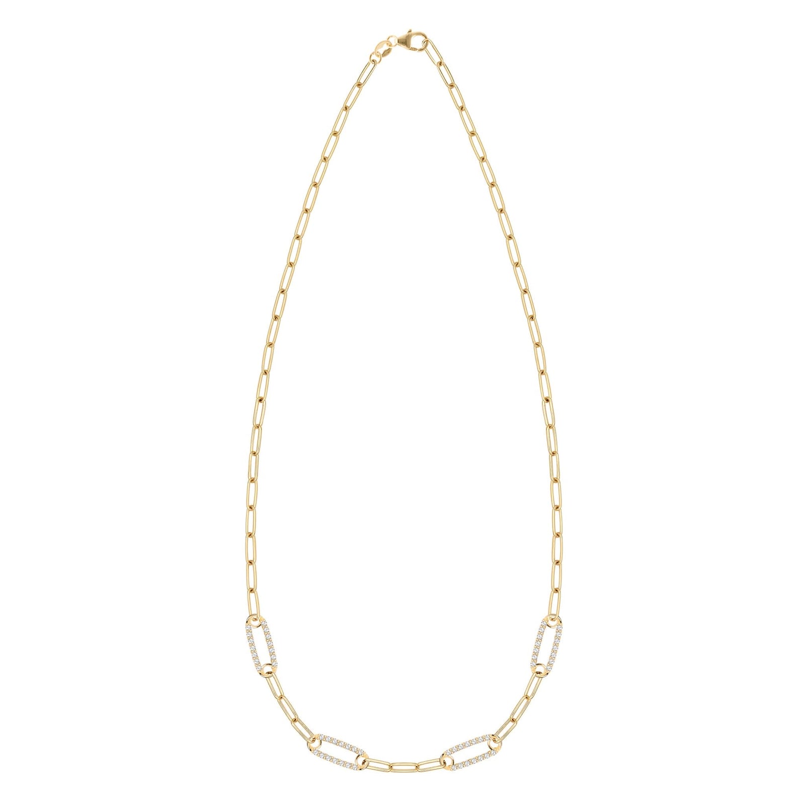 14k yellow gold Adelaide paperclip chain necklace featuring four links encrusted with 1.5 mm pavé white topaz