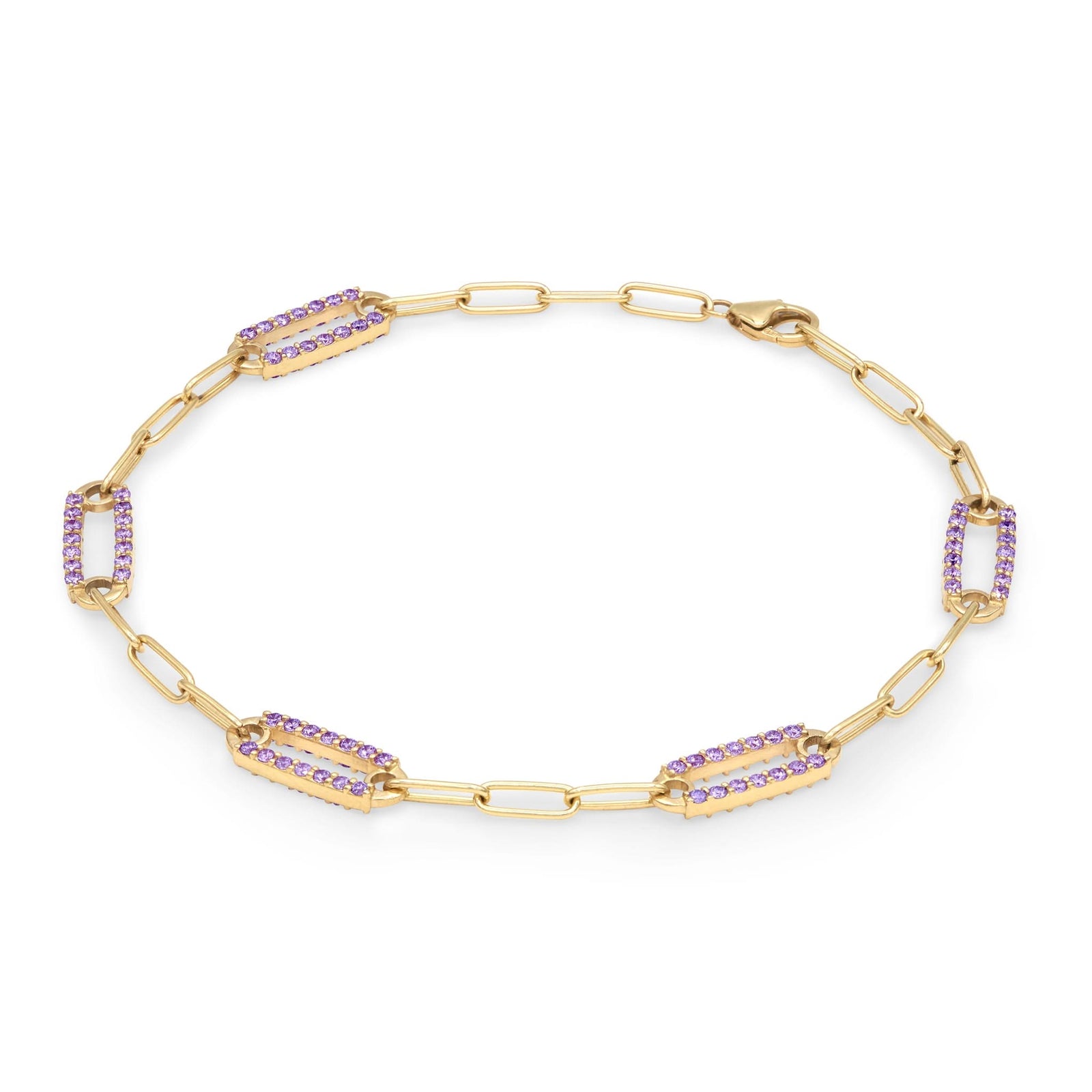 14k yellow gold Adelaide paperclip chain bracelet featuring five links encrusted with 1.5 mm pavé amethysts - angled view