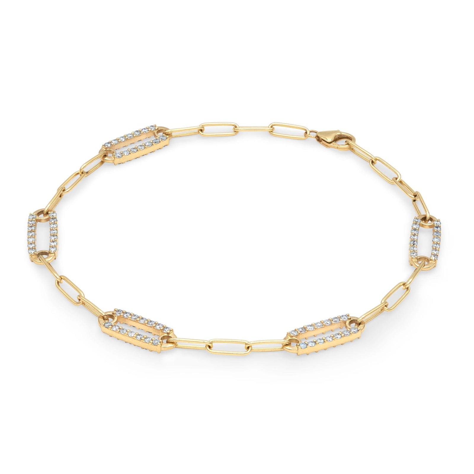 14k yellow gold Adelaide paperclip chain bracelet featuring five links encrusted with 1.5 mm pavé aquamarines - angled view