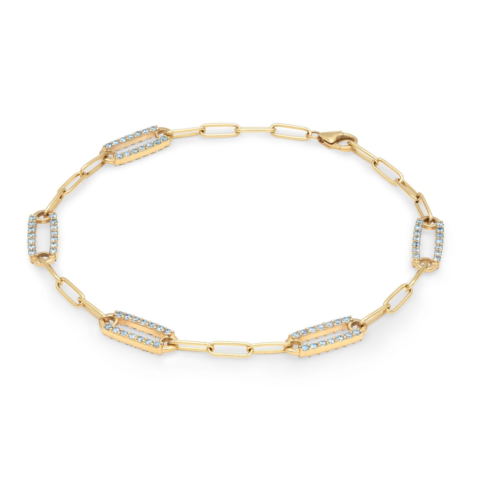 14k gold Adelaide paperclip chain bracelet featuring five links encrusted with 1.5 mm pavé Nantucket blue topaz - angled view