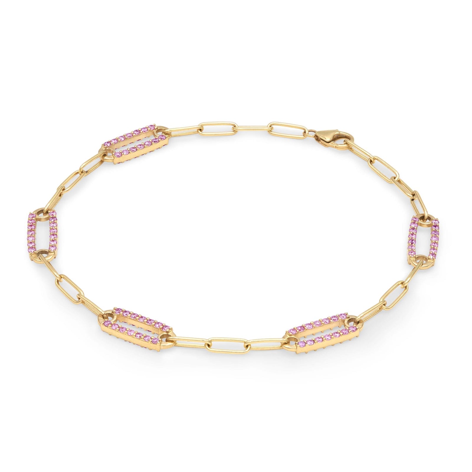 14k gold Adelaide paperclip chain bracelet featuring five links encrusted with 1.5 mm pavé pink sapphires - angled view