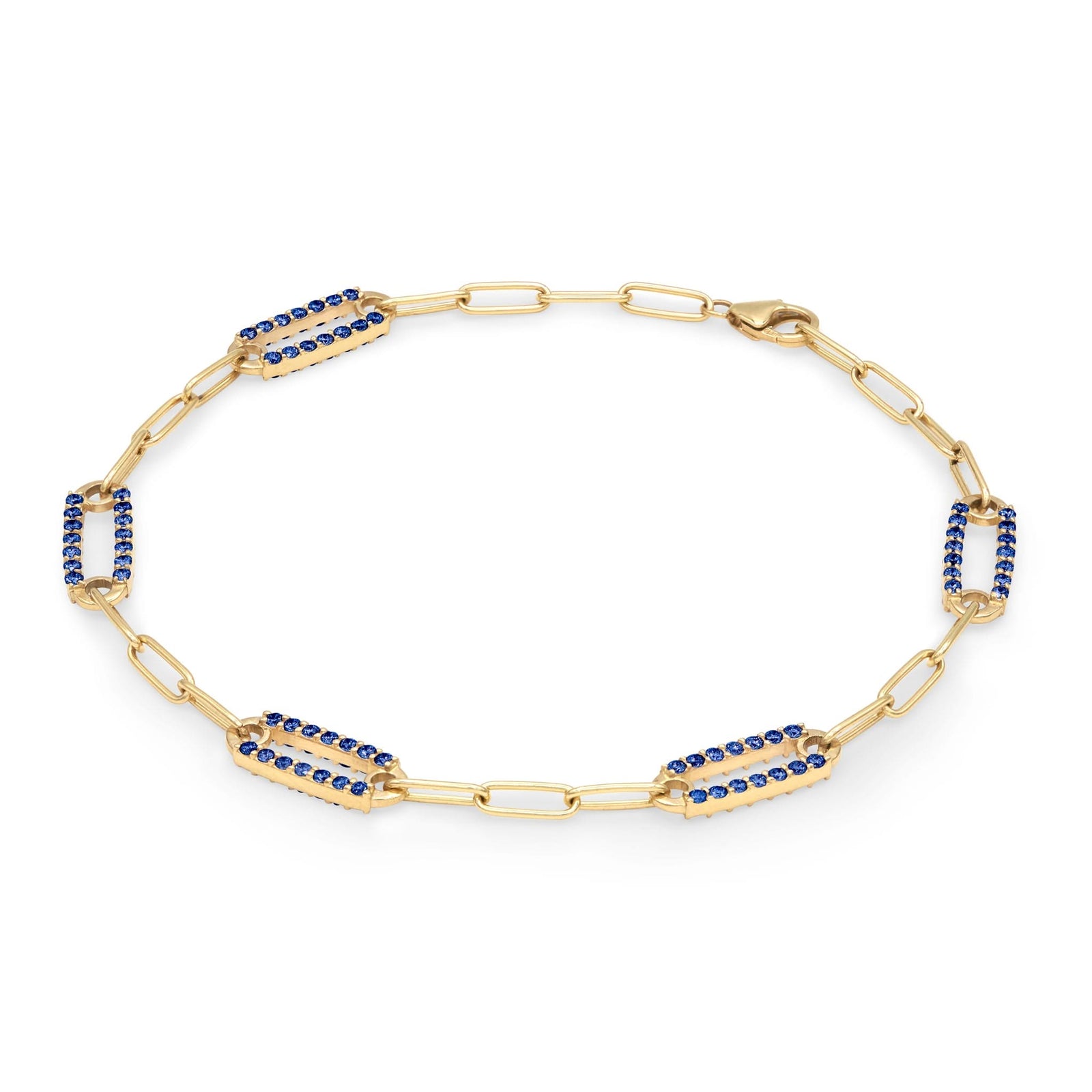 14k yellow gold Adelaide paperclip chain bracelet featuring five links encrusted with 1.5 mm pavé sapphires - angled view