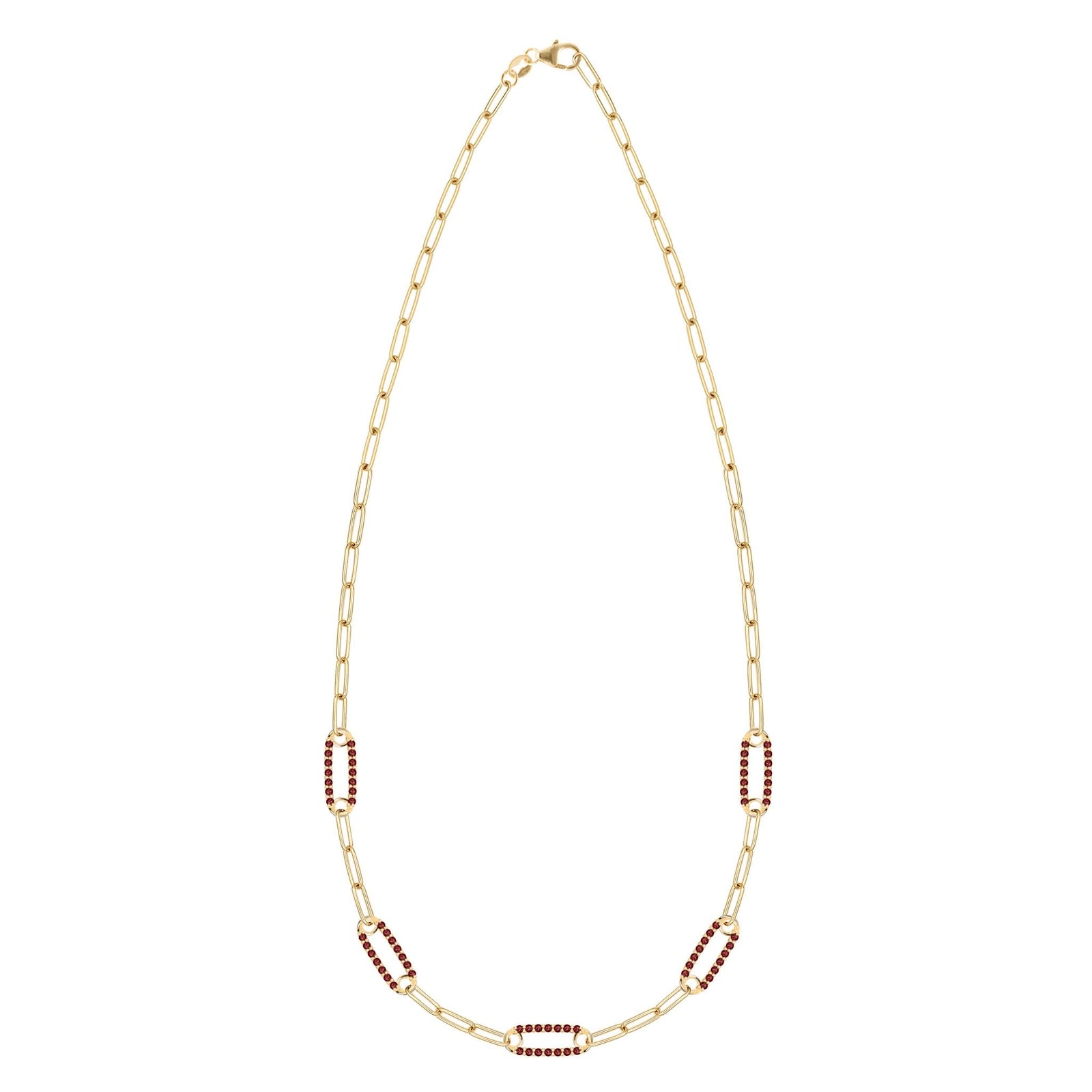 14k yellow gold Adelaide paperclip chain necklace featuring five links encrusted with 1.5 mm pavé garnets