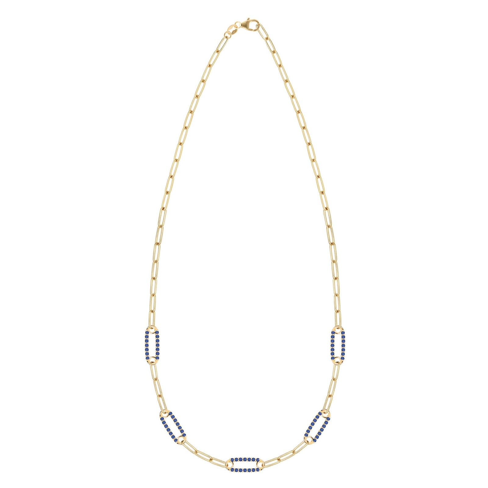 14k yellow gold Adelaide paperclip chain necklace featuring five links encrusted with 1.5 mm pavé sapphires