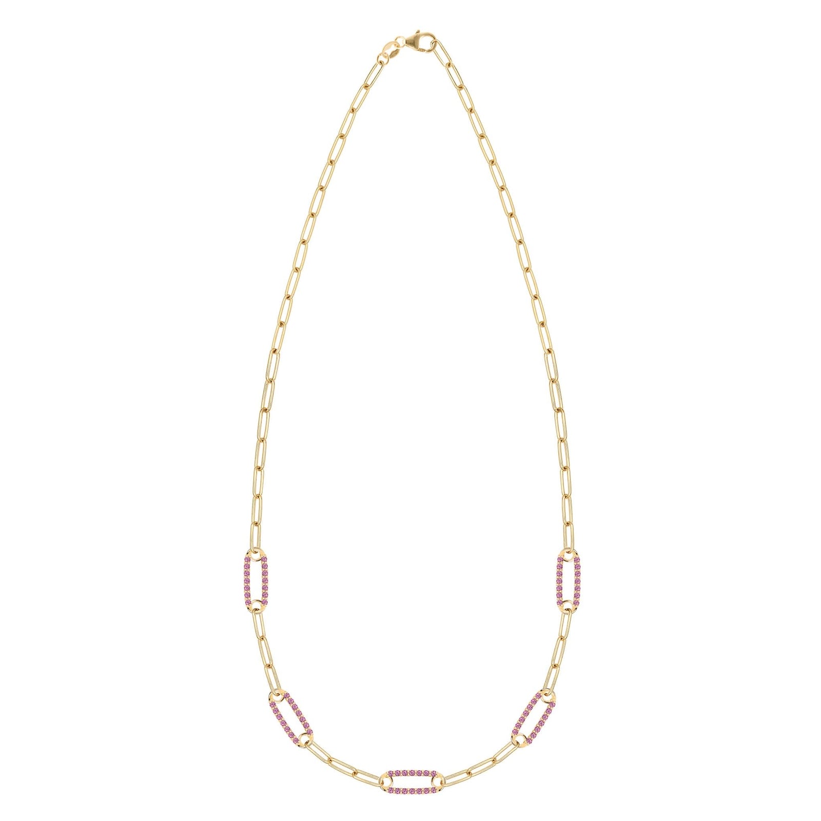 14k yellow gold Adelaide paperclip chain necklace featuring five links encrusted with 1.5 mm pavé pink sapphires
