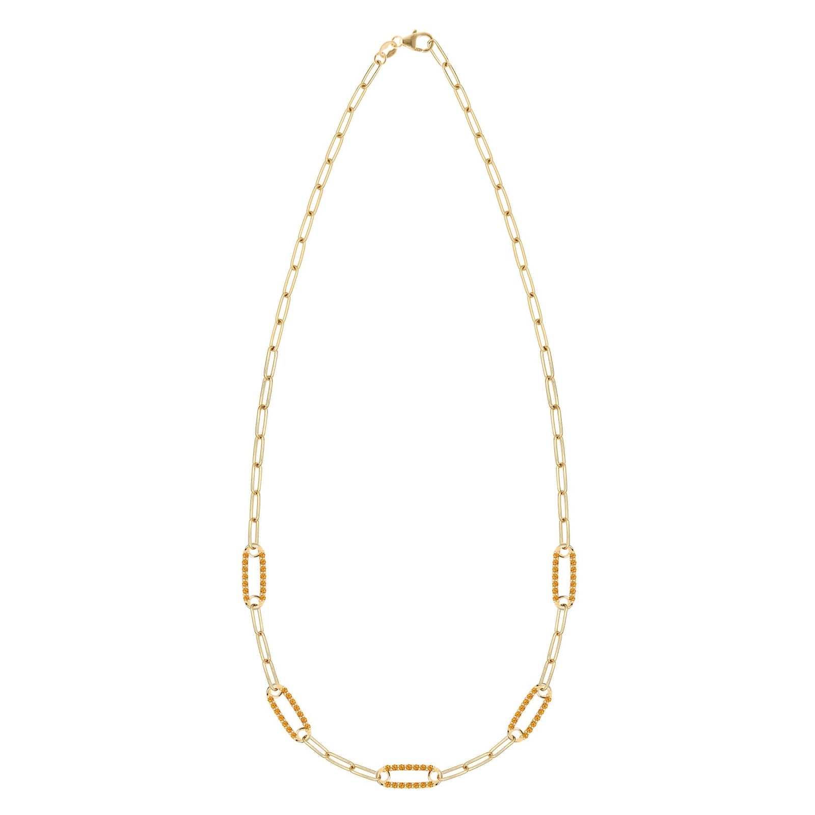 14k yellow gold Adelaide paperclip chain necklace featuring five links encrusted with 1.5 mm pavé citrines