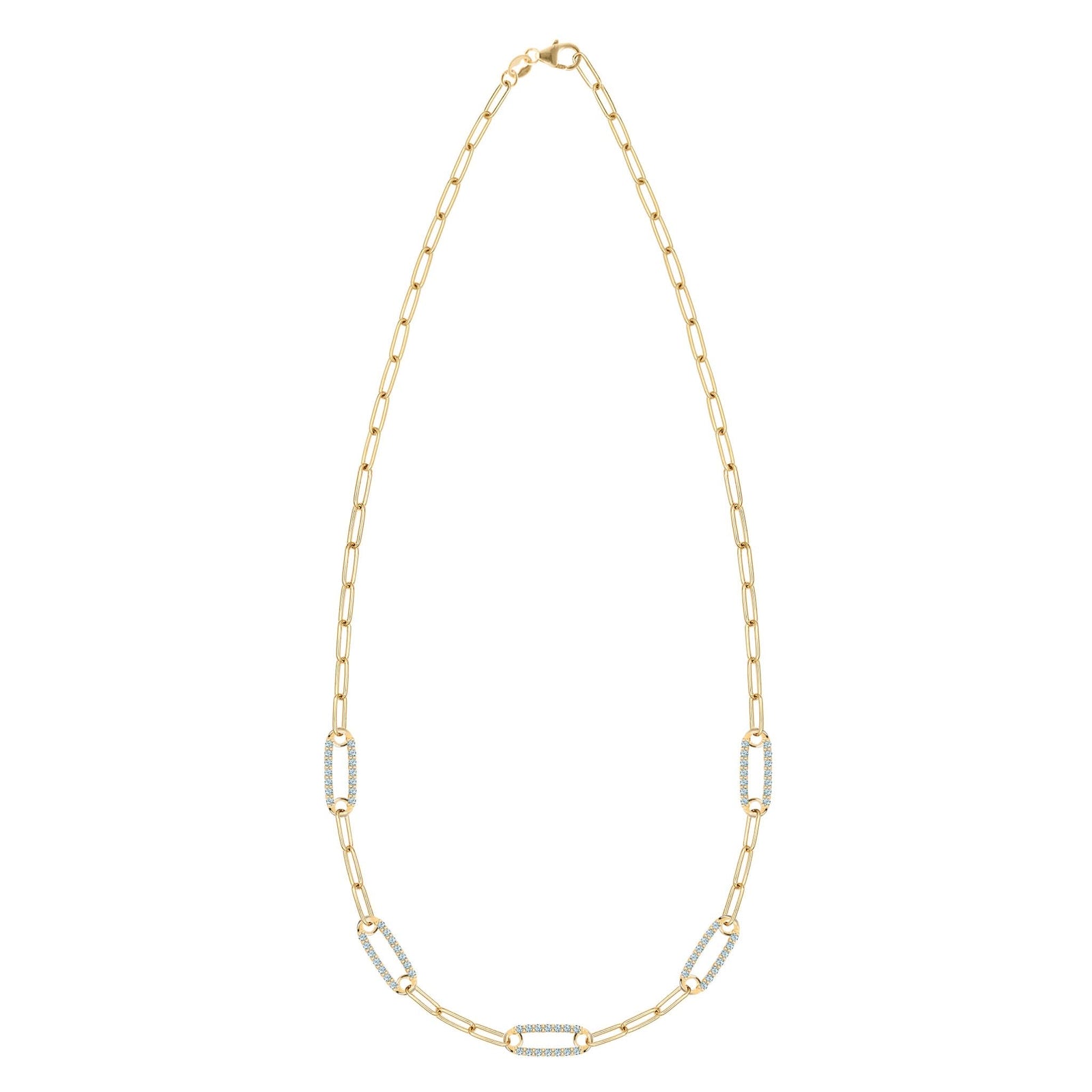 14k gold Adelaide paperclip chain necklace featuring five links encrusted with 1.5 mm pavé Nantucket blue topaz