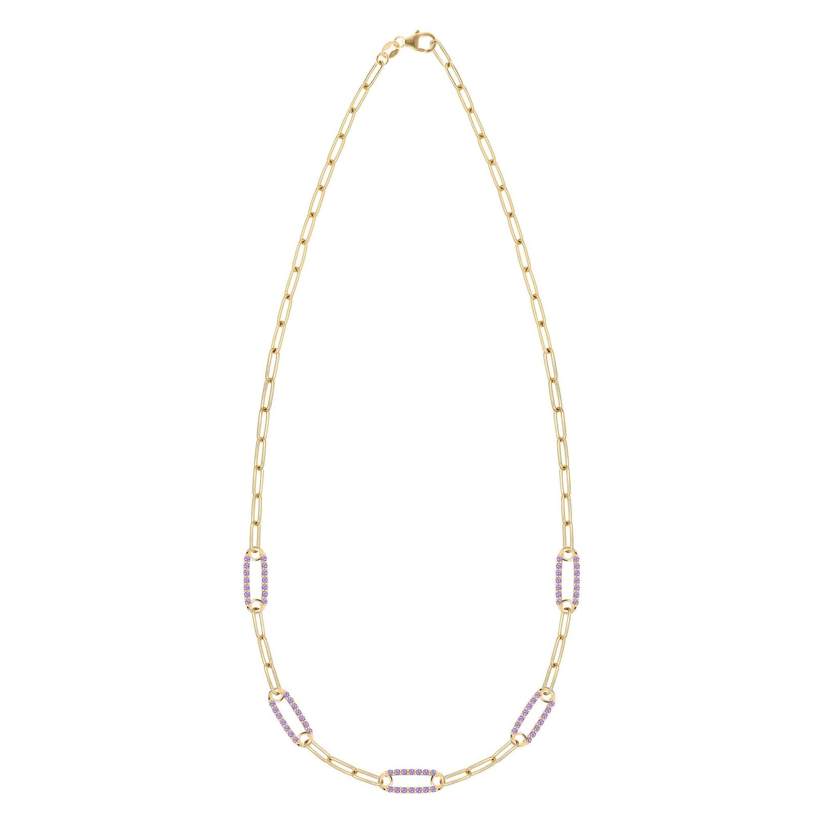 14k yellow gold Adelaide paperclip chain necklace featuring five links encrusted with 1.5 mm pavé amethysts