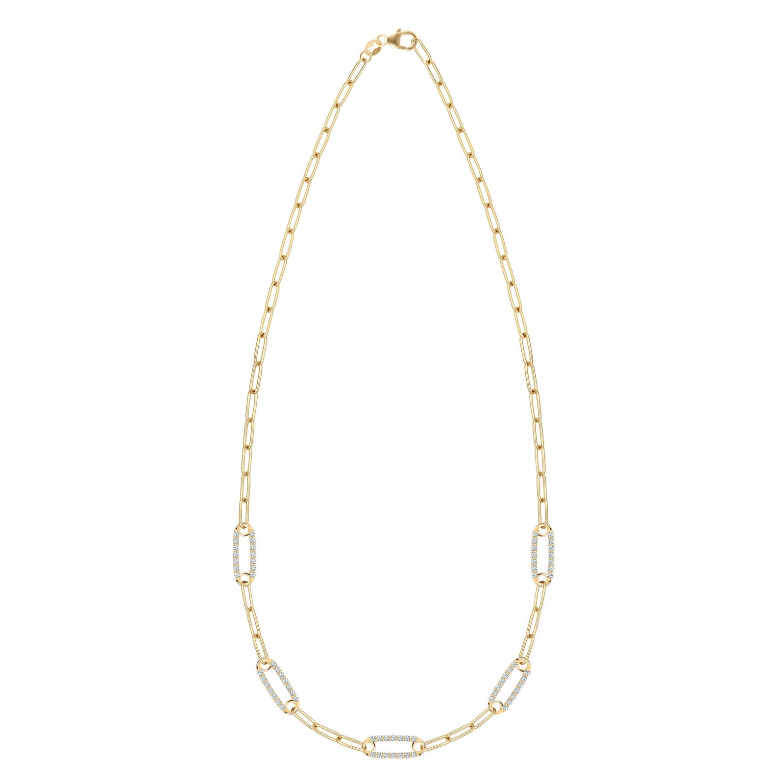 14k yellow gold Adelaide paperclip chain necklace featuring five links encrusted with 1.5 mm pavé aquamarines