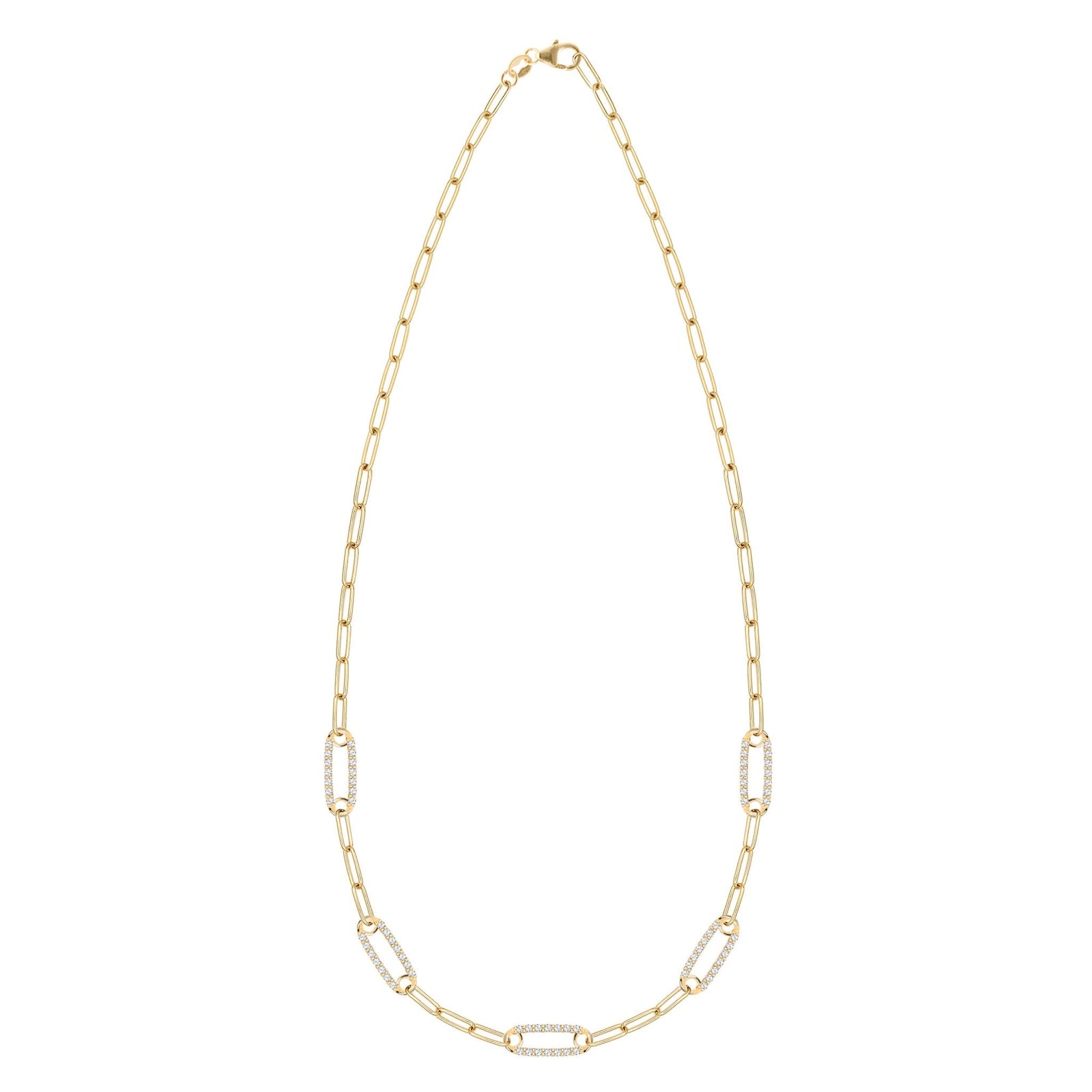 14k yellow gold Adelaide paperclip chain necklace featuring five links encrusted with 1.5 mm pavé white topaz