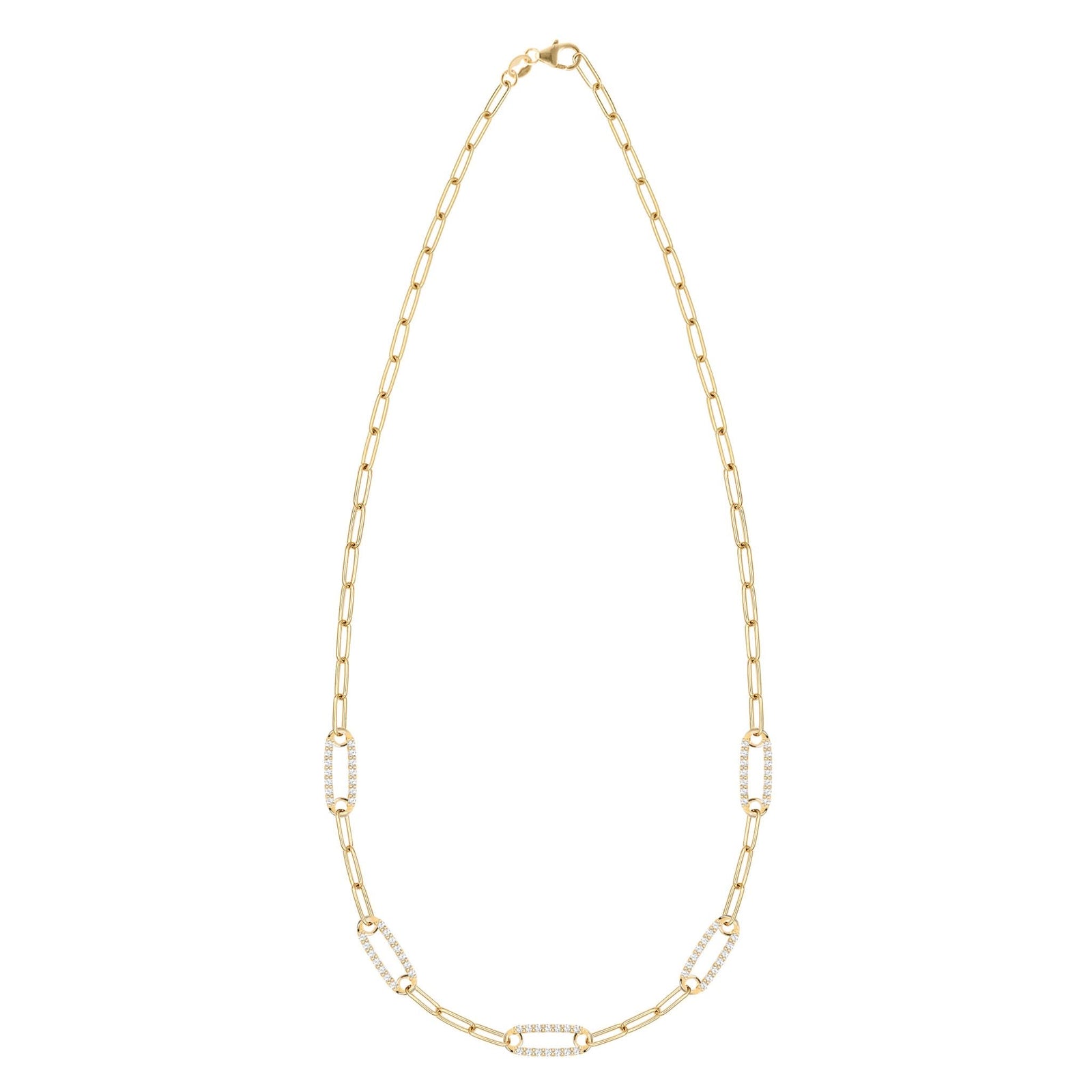 14k yellow gold Adelaide paperclip chain necklace featuring five links encrusted with 1.5 mm pavé diamonds