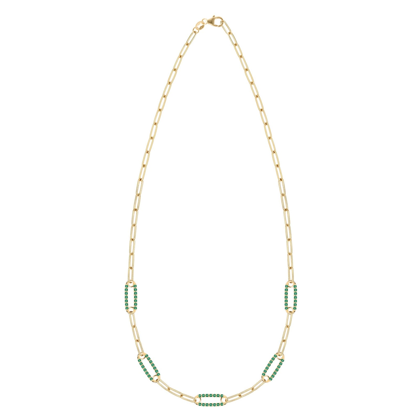 14k yellow gold Adelaide paperclip chain necklace featuring five links encrusted with 1.5 mm pavé emeralds