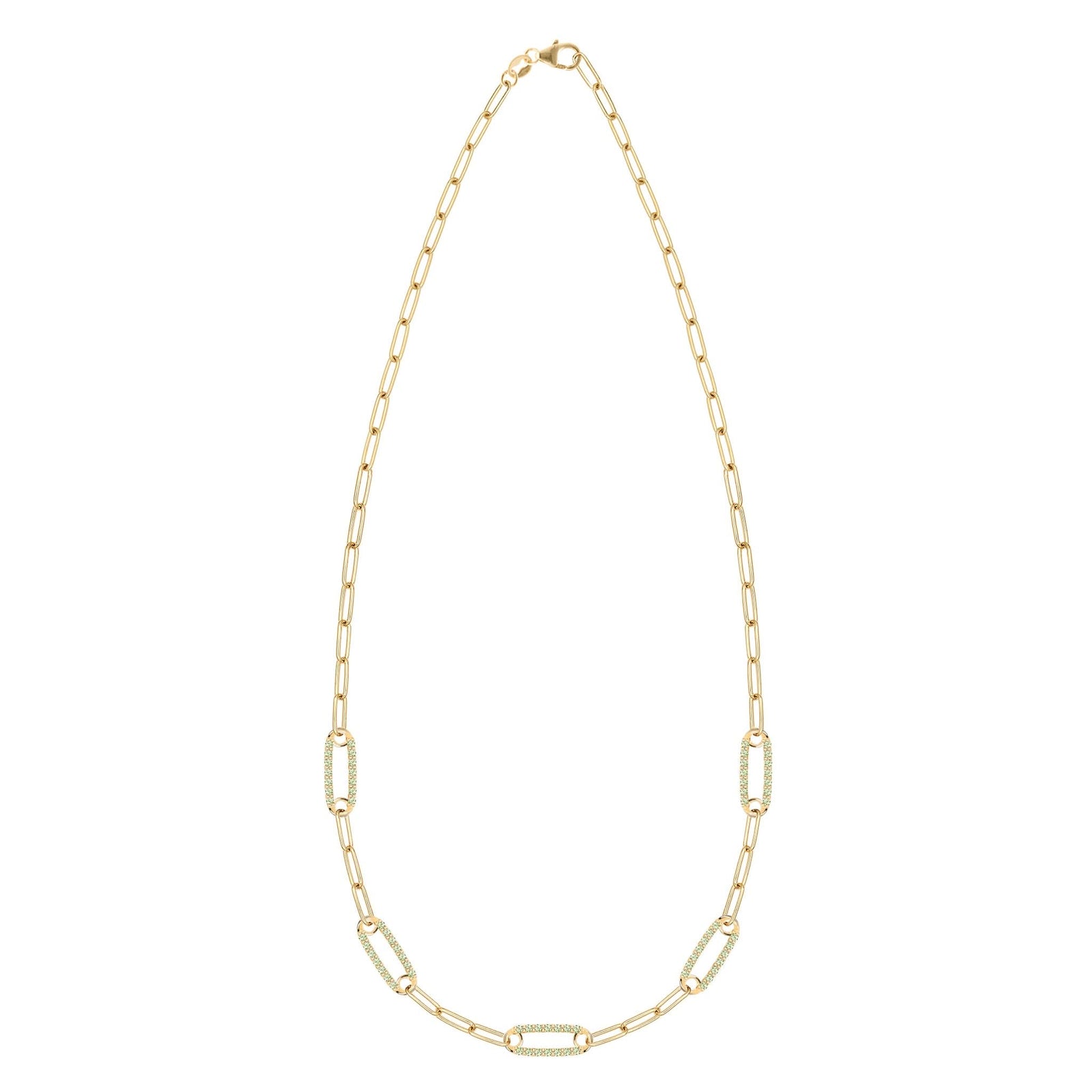 14k yellow gold Adelaide paperclip chain necklace featuring five links encrusted with 1.5 mm pavé peridots