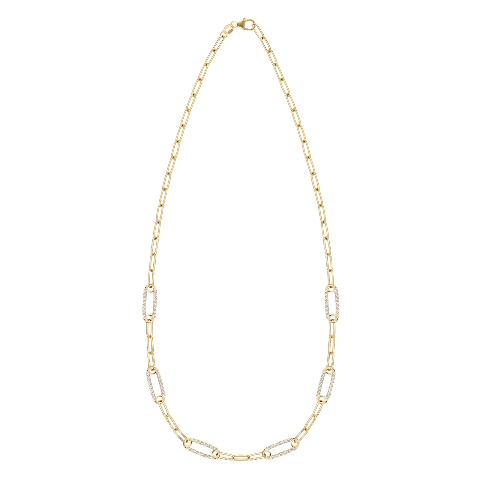 14k yellow gold Adelaide paperclip chain necklace featuring six links encrusted with 1.5 mm pavé white topaz