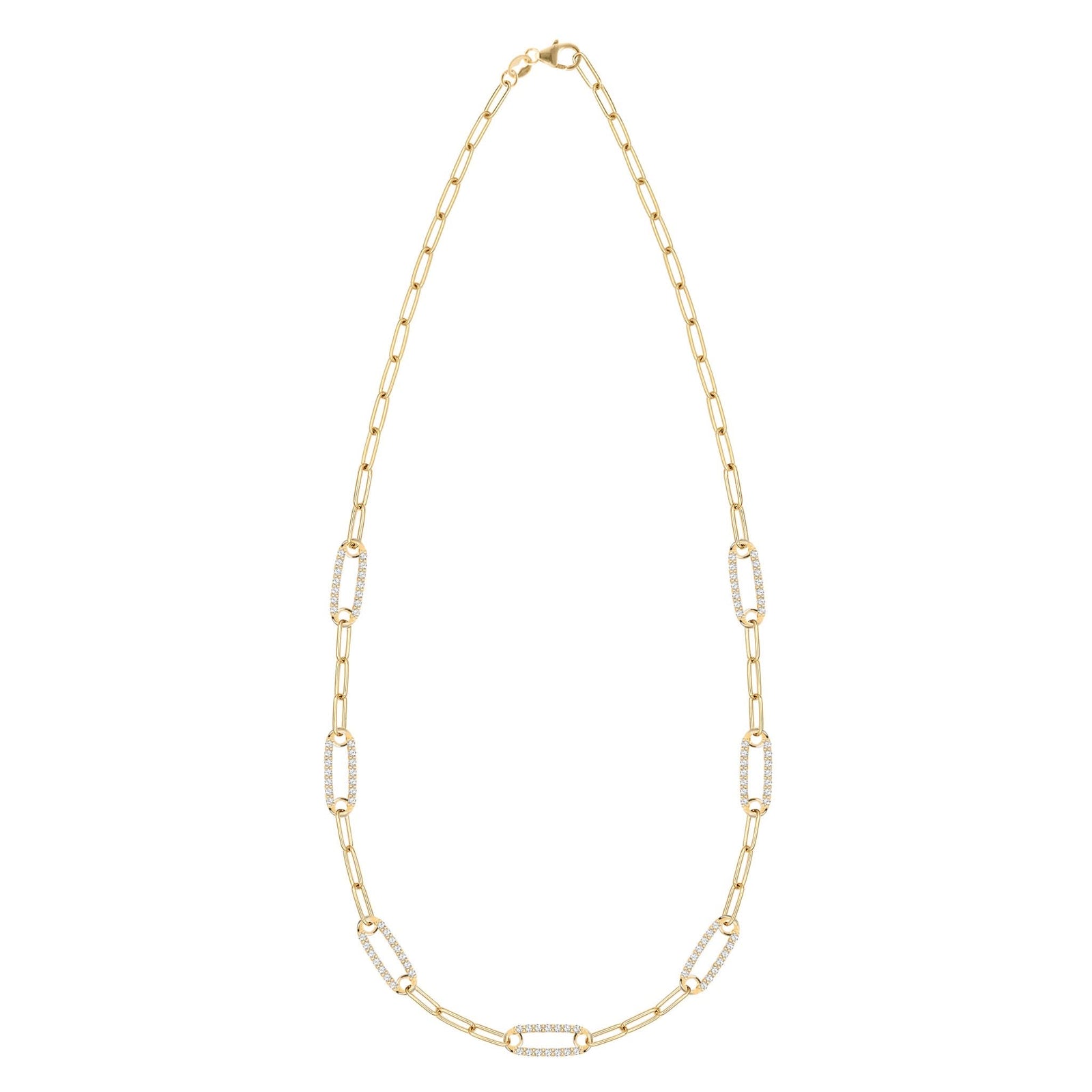 14k yellow gold Adelaide paperclip chain necklace featuring seven links encrusted with 1.5 mm pavé white topaz