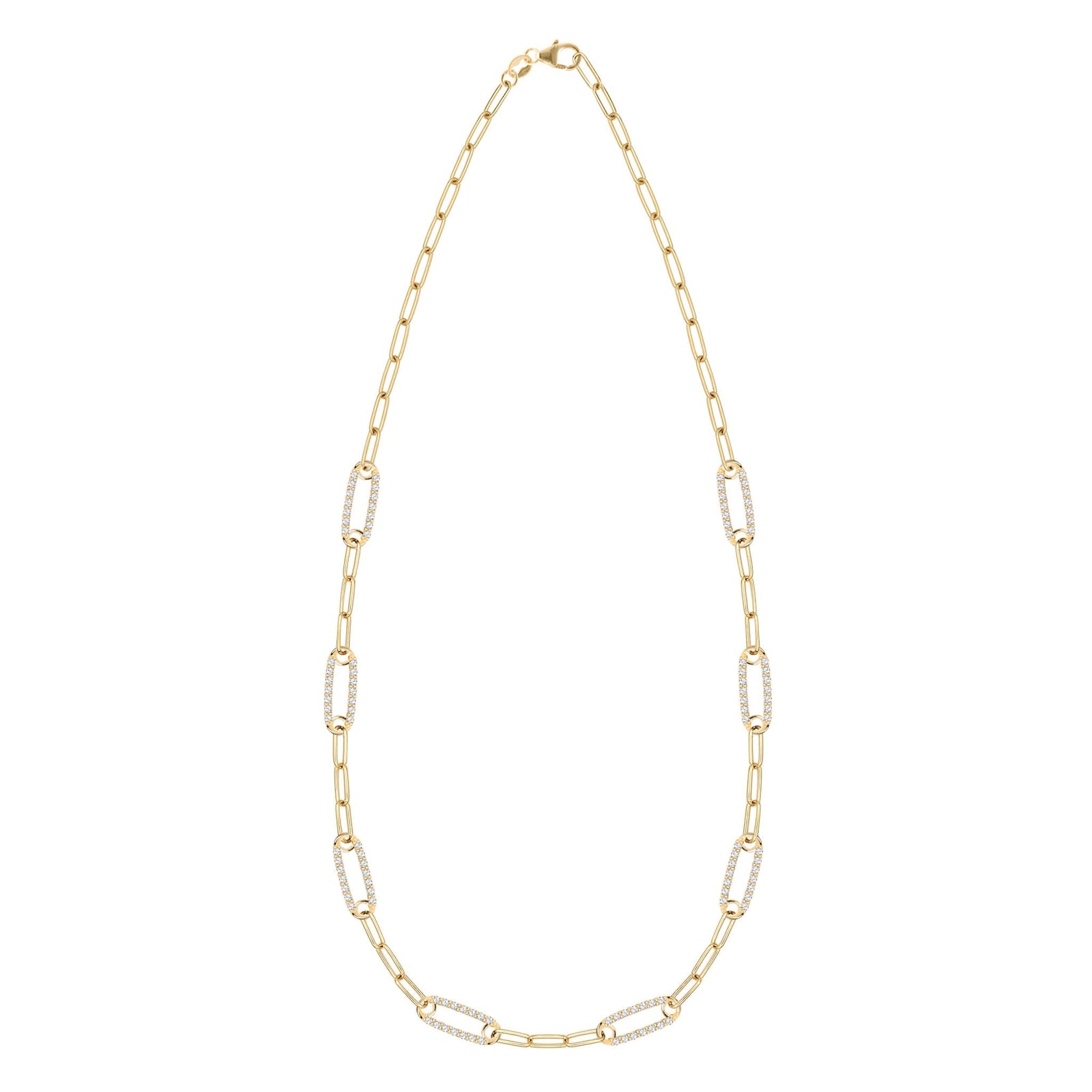 14k yellow gold Adelaide paperclip chain necklace featuring eight links encrusted with 1.5 mm pavé white topaz