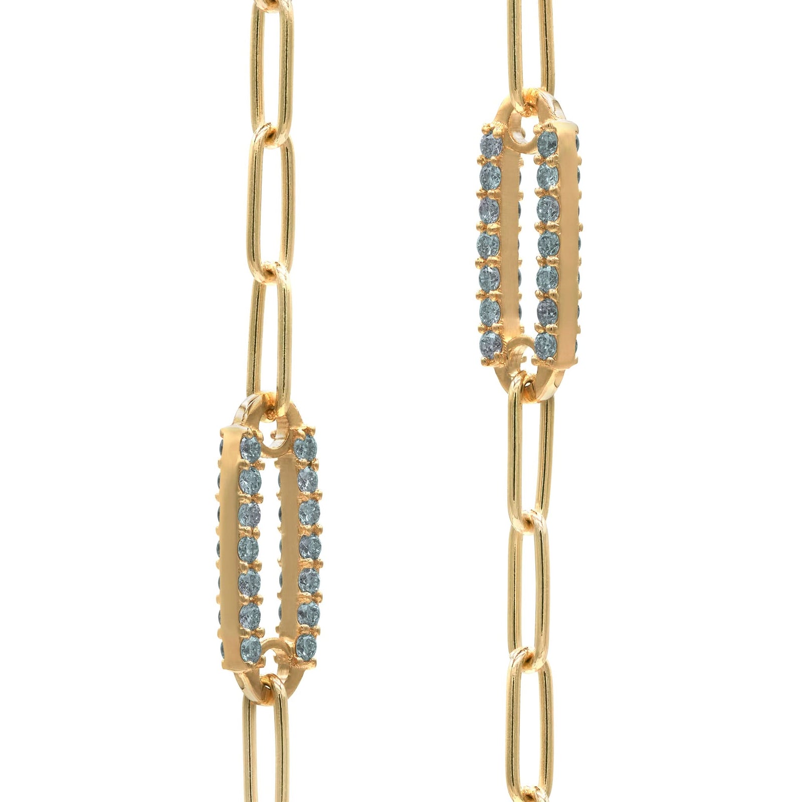 Pair of 14k yellow gold Adelaide paperclip chain pavé bracelets each featuring one alexandrite-encrusted link