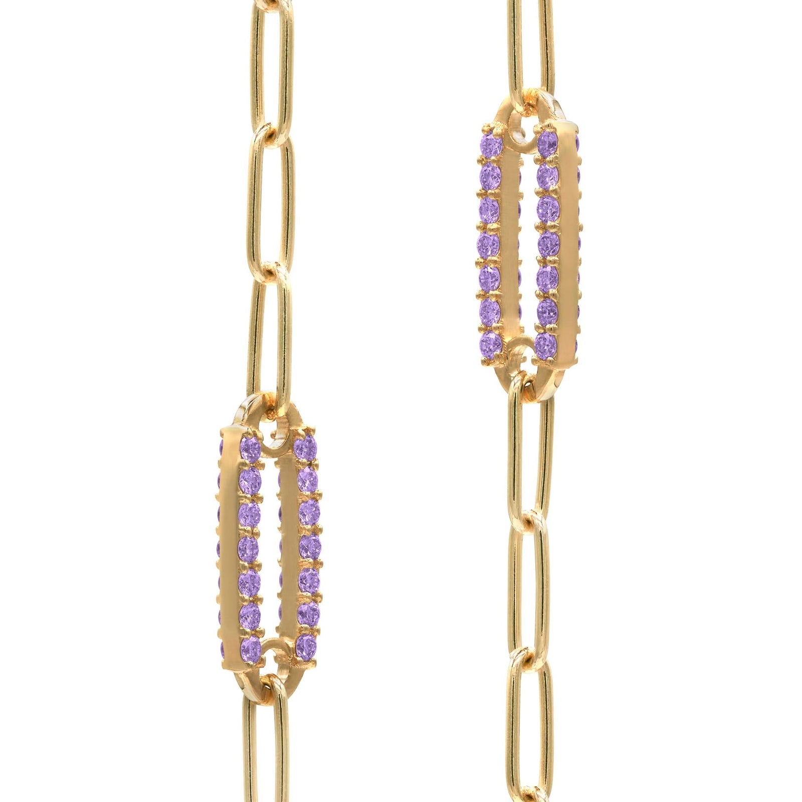 Pair of 14k yellow gold Adelaide paperclip chain pavé bracelets each featuring one amethyst-encrusted link