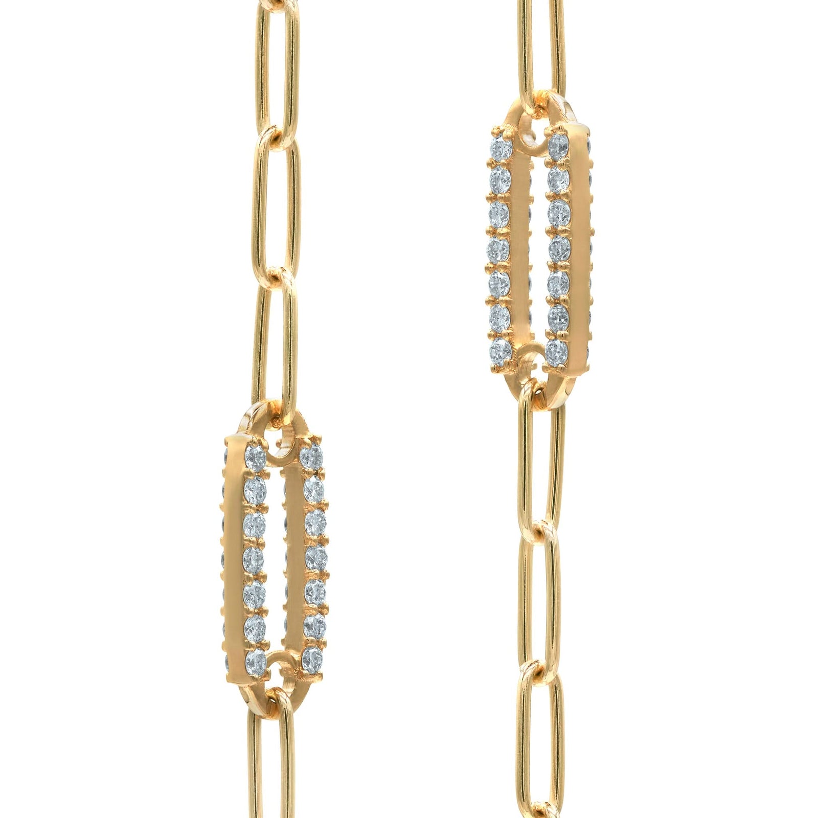 Pair of 14k yellow gold Adelaide paperclip chain pavé necklaces each featuring one aquamarine-encrusted link