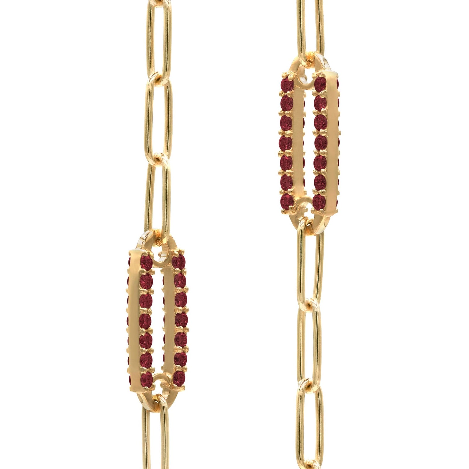Pair of 14k yellow gold Adelaide paperclip chain pavé necklaces each featuring one garnet-encrusted link