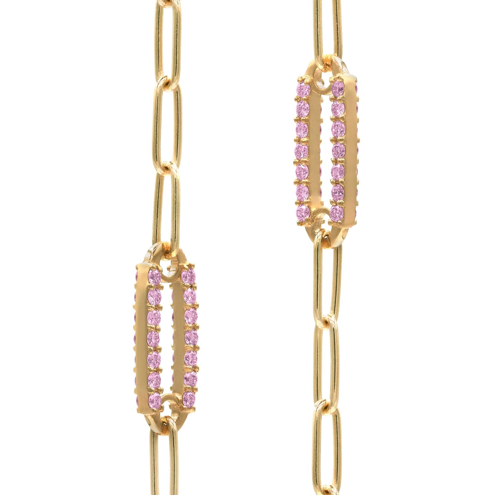 Pair of 14k yellow gold Adelaide paperclip chain pavé bracelets each featuring one pink sapphire-encrusted link