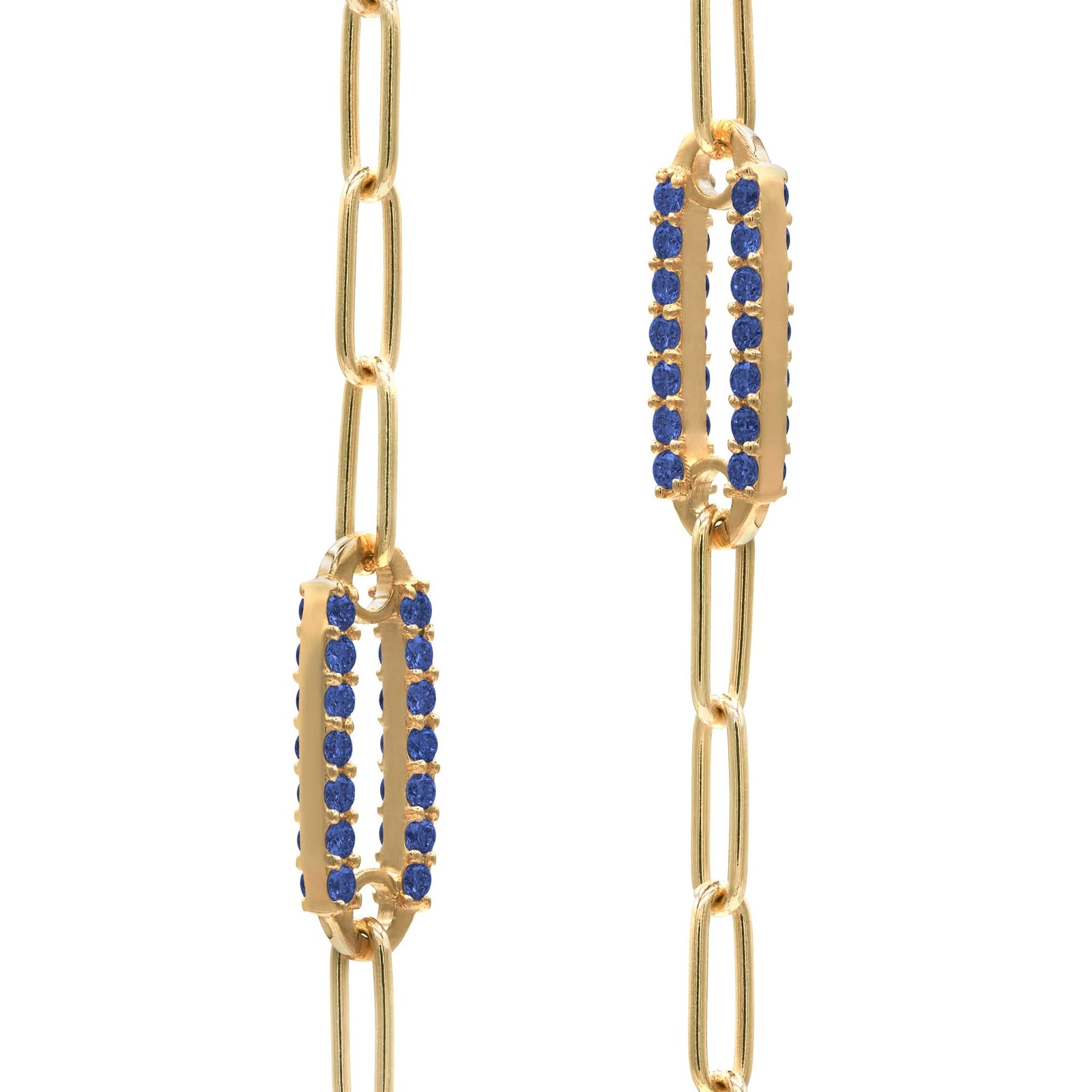Pair of 14k yellow gold Adelaide paperclip chain pavé necklaces each featuring one sapphire-encrusted link