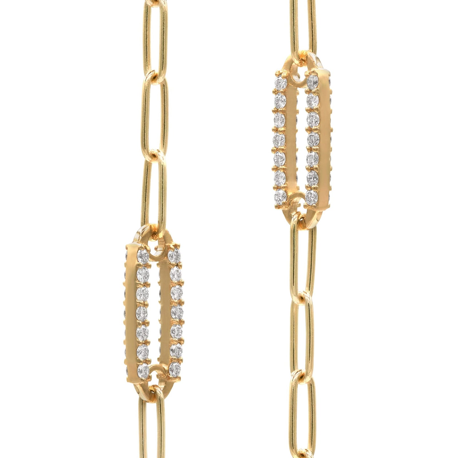 Pair of 14k yellow gold Adelaide paperclip chain pavé bracelets each featuring one gemstone-encrusted link