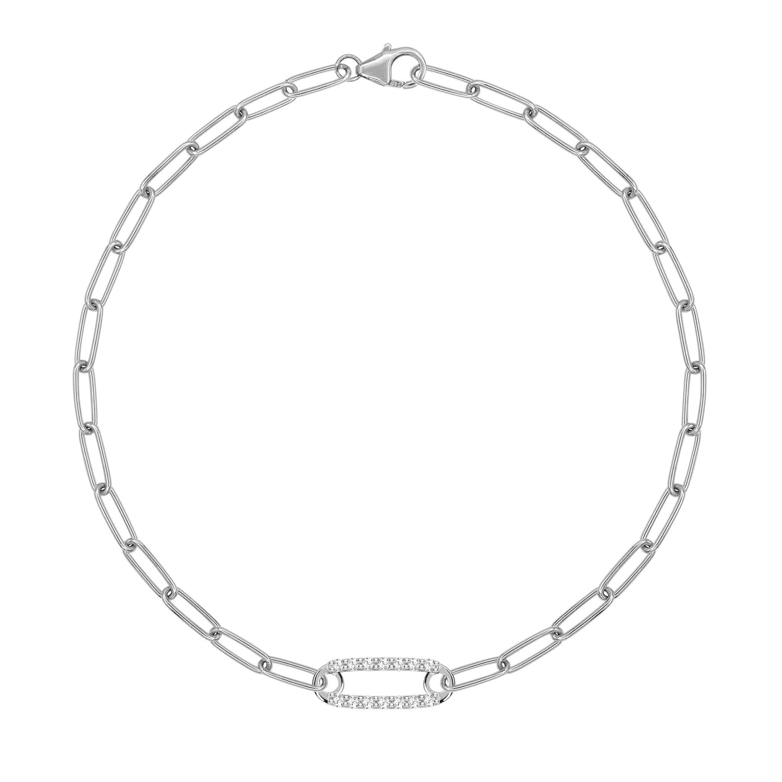 14k white gold Adelaide paperclip chain bracelet featuring one link encrusted with 1.5 mm pavé white topaz