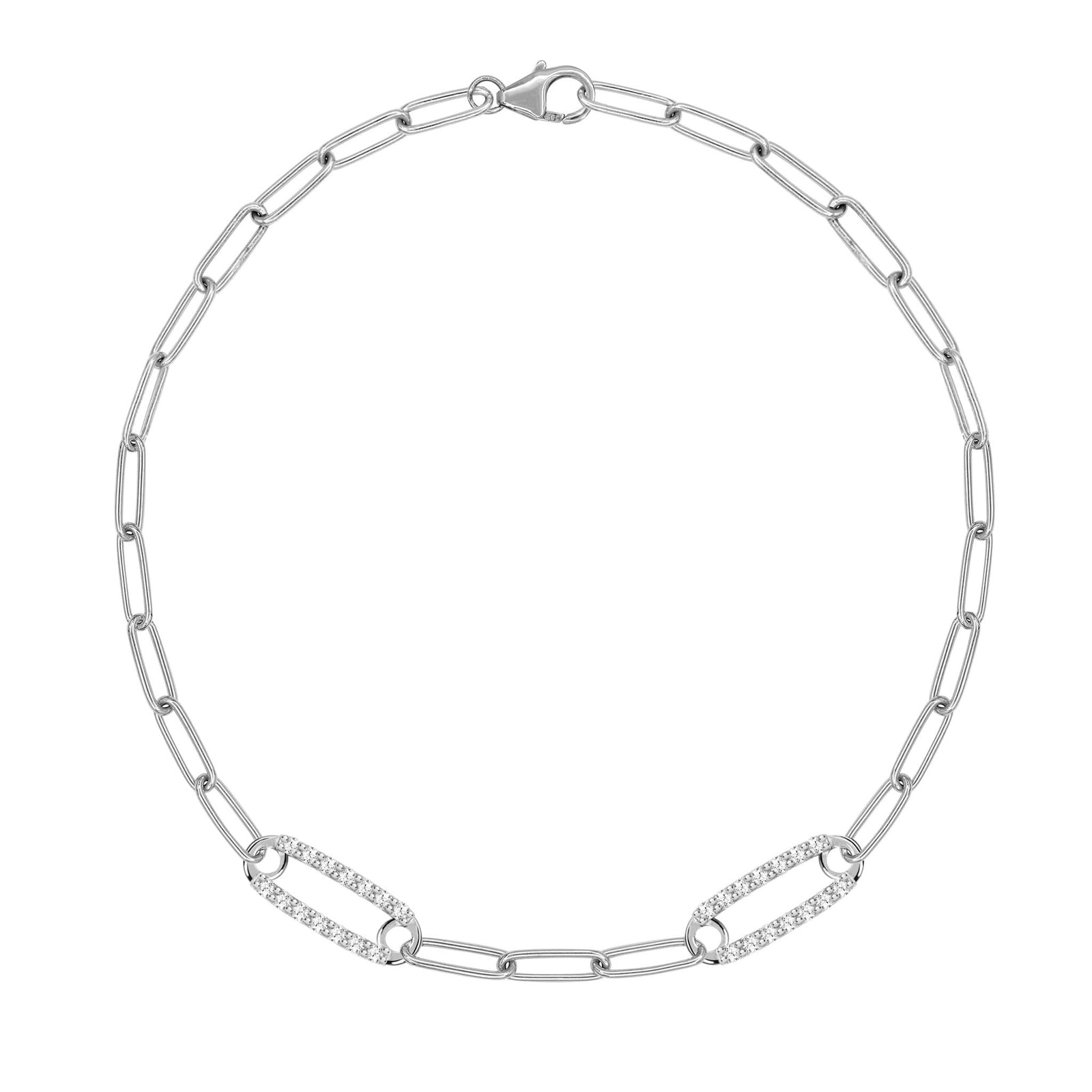 14k white gold Adelaide paperclip chain bracelet featuring two links encrusted with 1.5 mm pavé white topaz