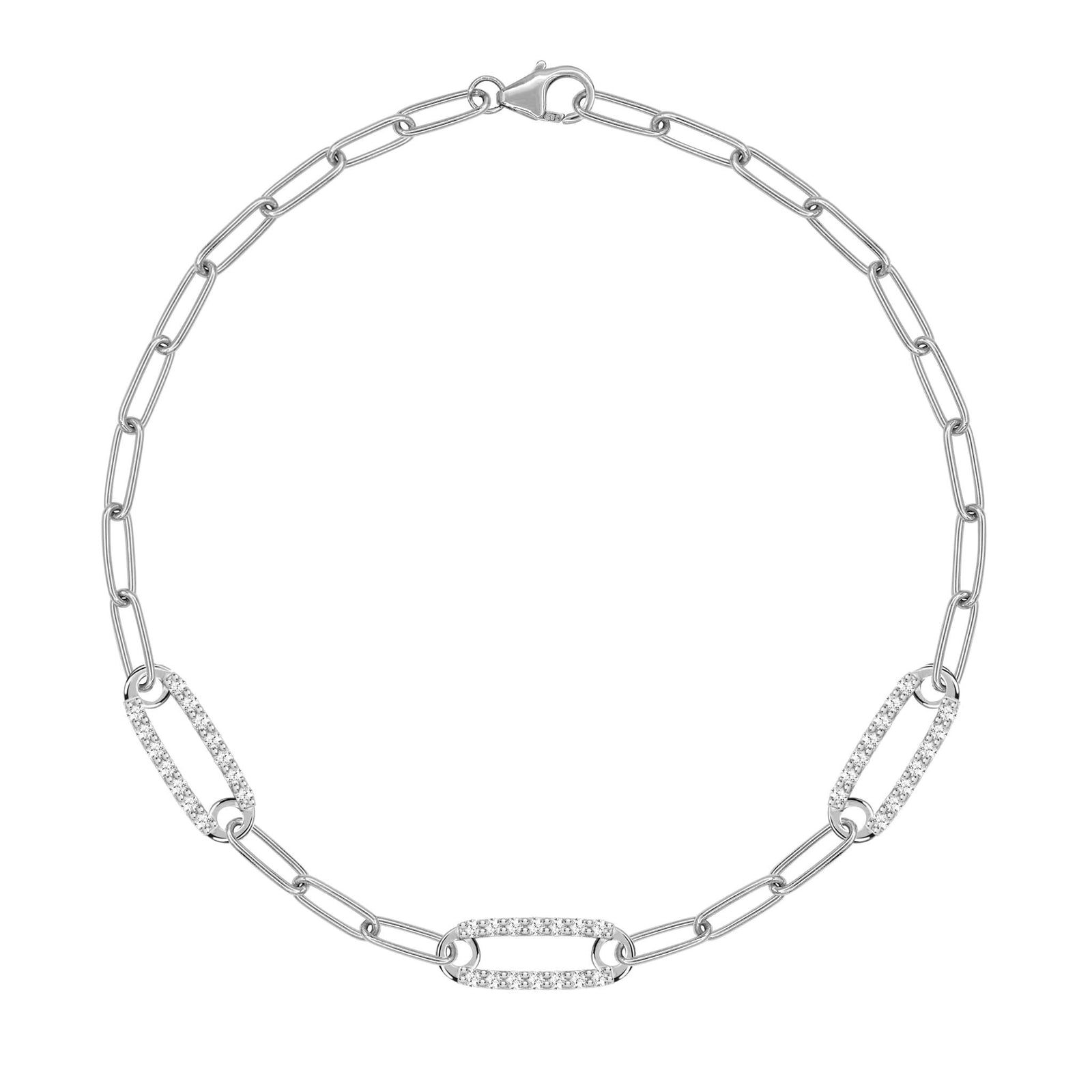 14k white gold Adelaide paperclip chain bracelet featuring three links encrusted with 1.5 mm pavé white topaz