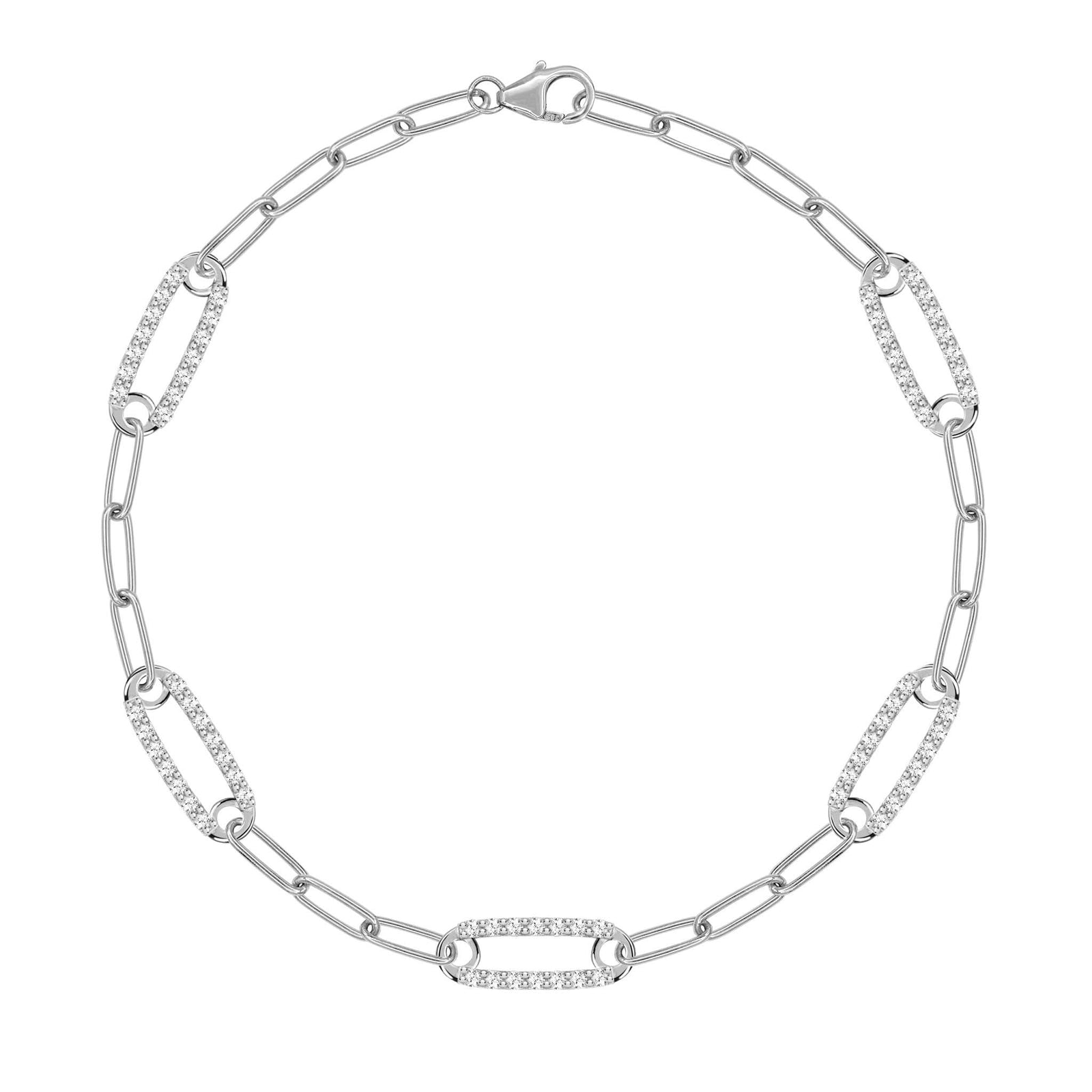 14k white gold Adelaide paperclip chain bracelet featuring five links encrusted with 1.5 mm pavé white topaz