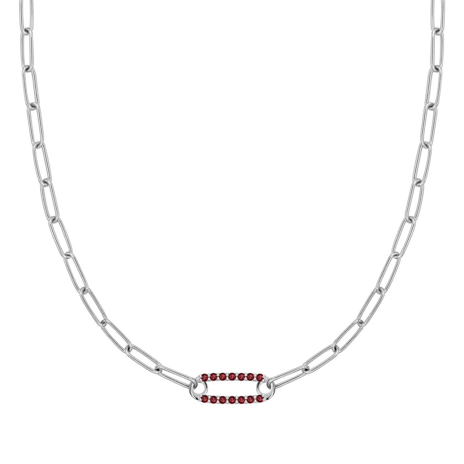 14k white gold Adelaide paperclip chain necklace featuring one link encrusted with 1.5 mm pavé garnets