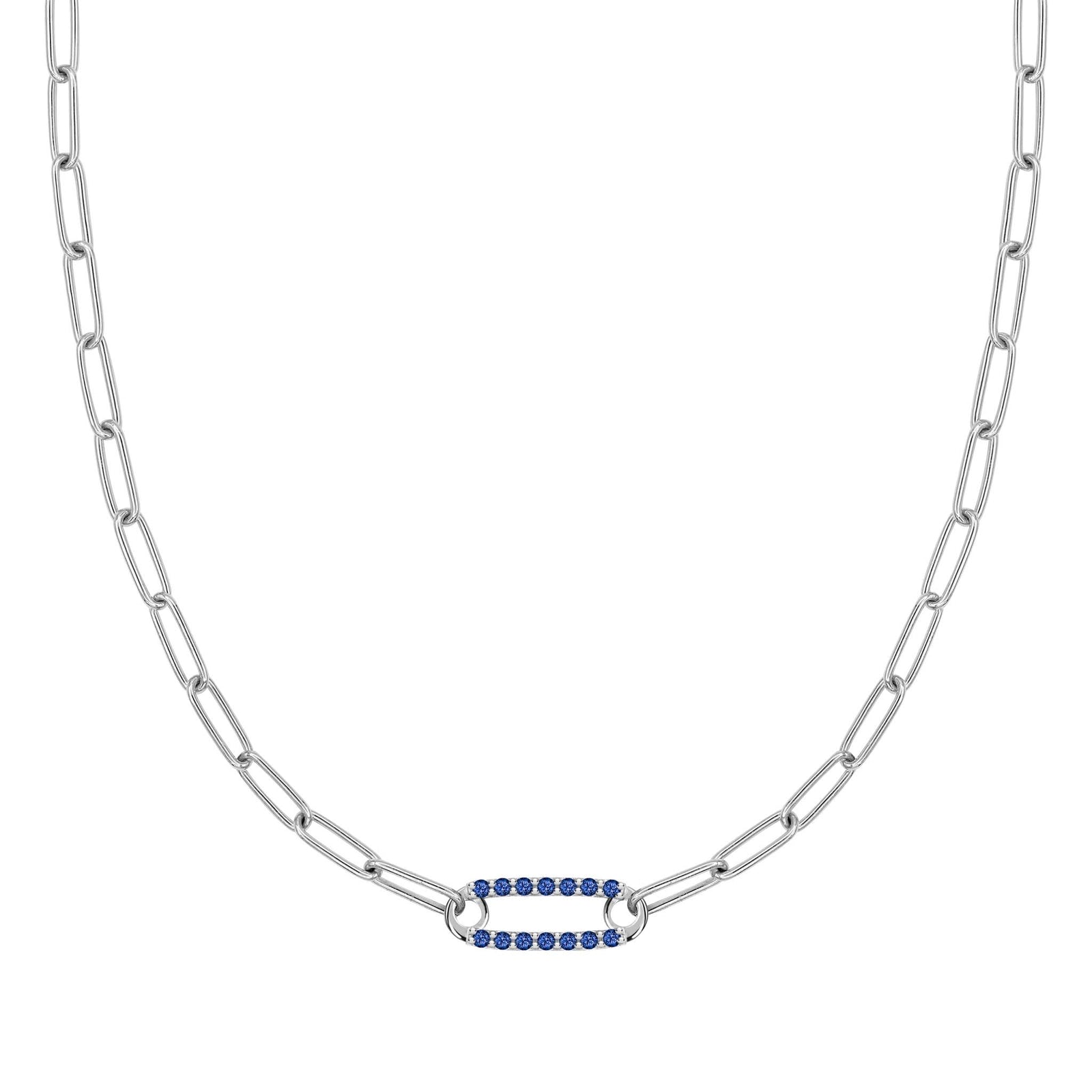 14k white gold Adelaide paperclip chain necklace featuring one link encrusted with 1.5 mm pavé sapphires
