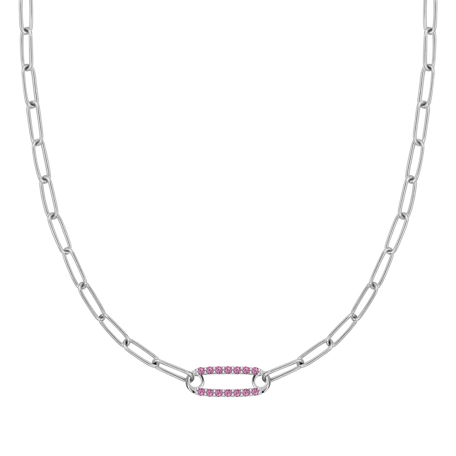 14k white gold Adelaide paperclip chain necklace featuring one link encrusted with 1.5 mm pavé pink sapphires