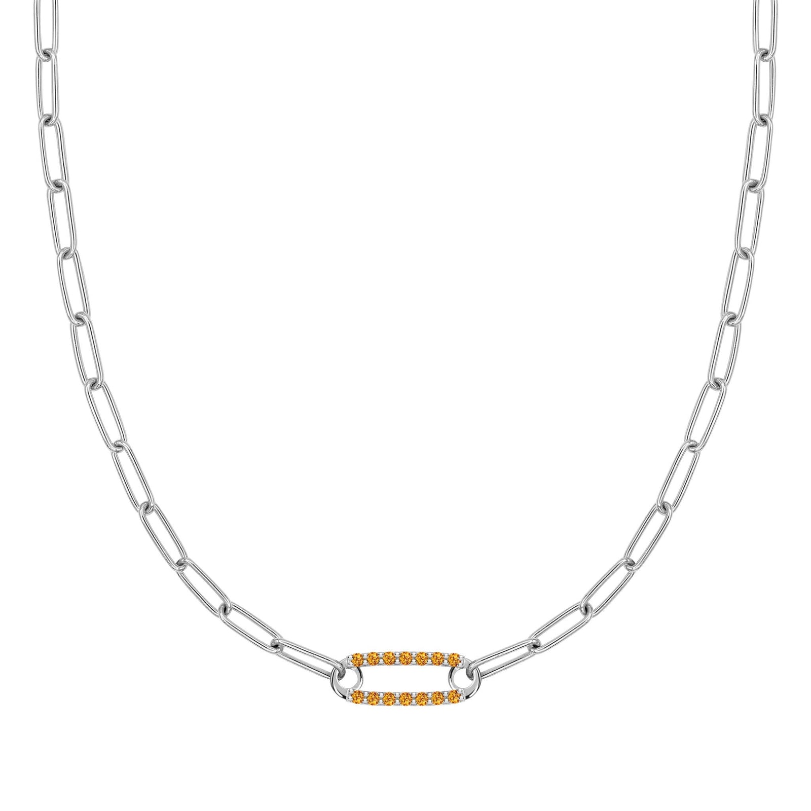 14k white gold Adelaide paperclip chain necklace featuring one link encrusted with 1.5 mm pavé citrines