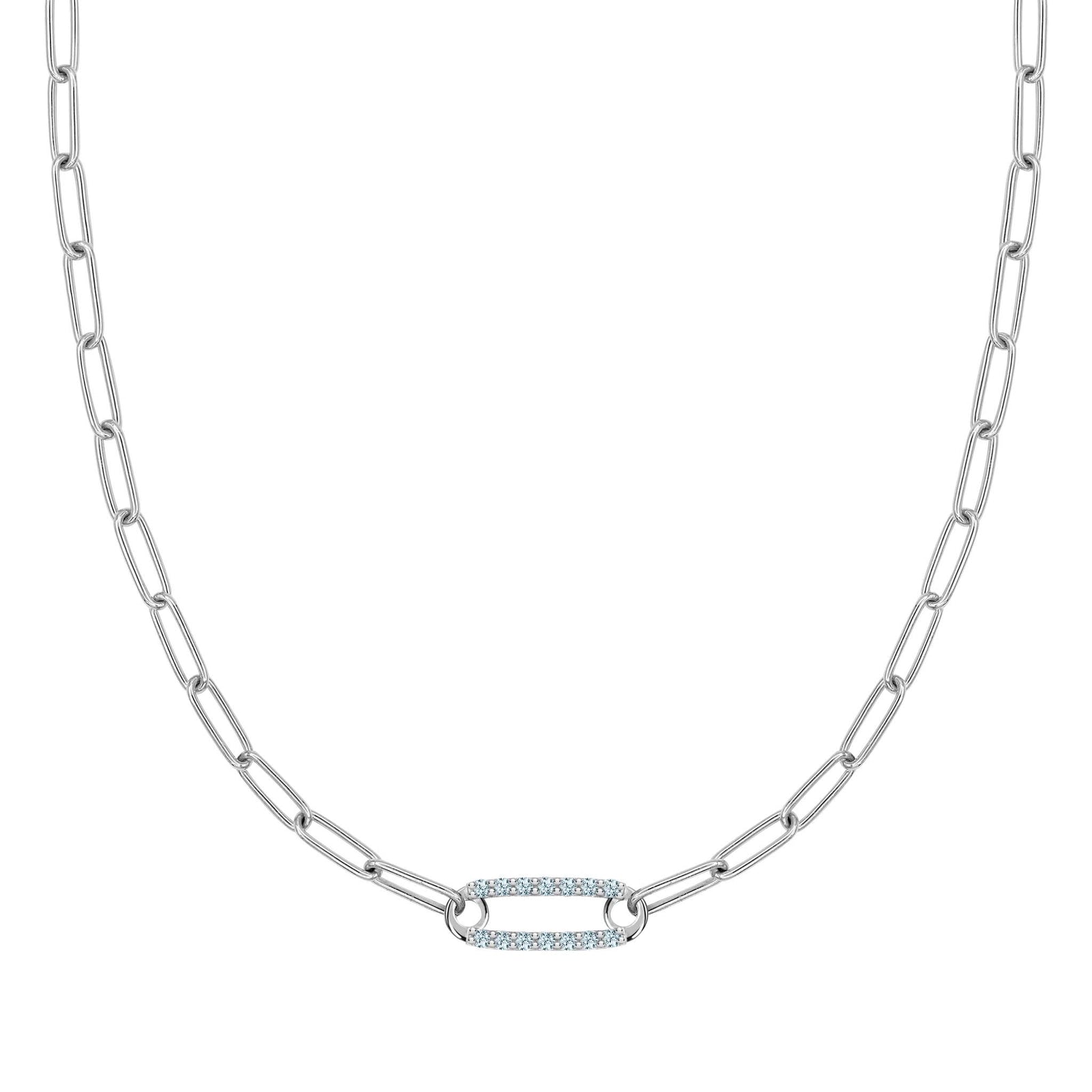 14k white gold Adelaide paperclip chain necklace featuring one link encrusted with 1.5 mm pavé Nantucket blue topaz