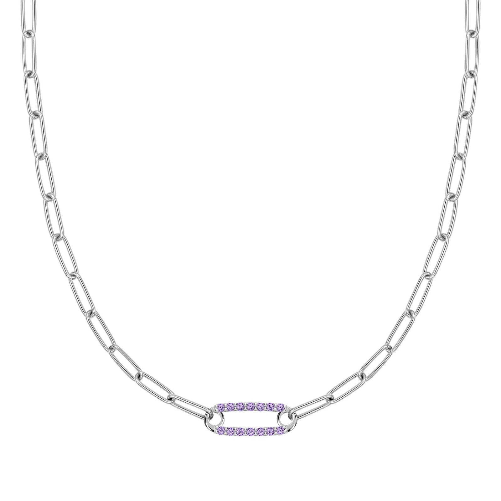 14k white gold Adelaide paperclip chain necklace featuring one link encrusted with 1.5 mm pavé amethysts