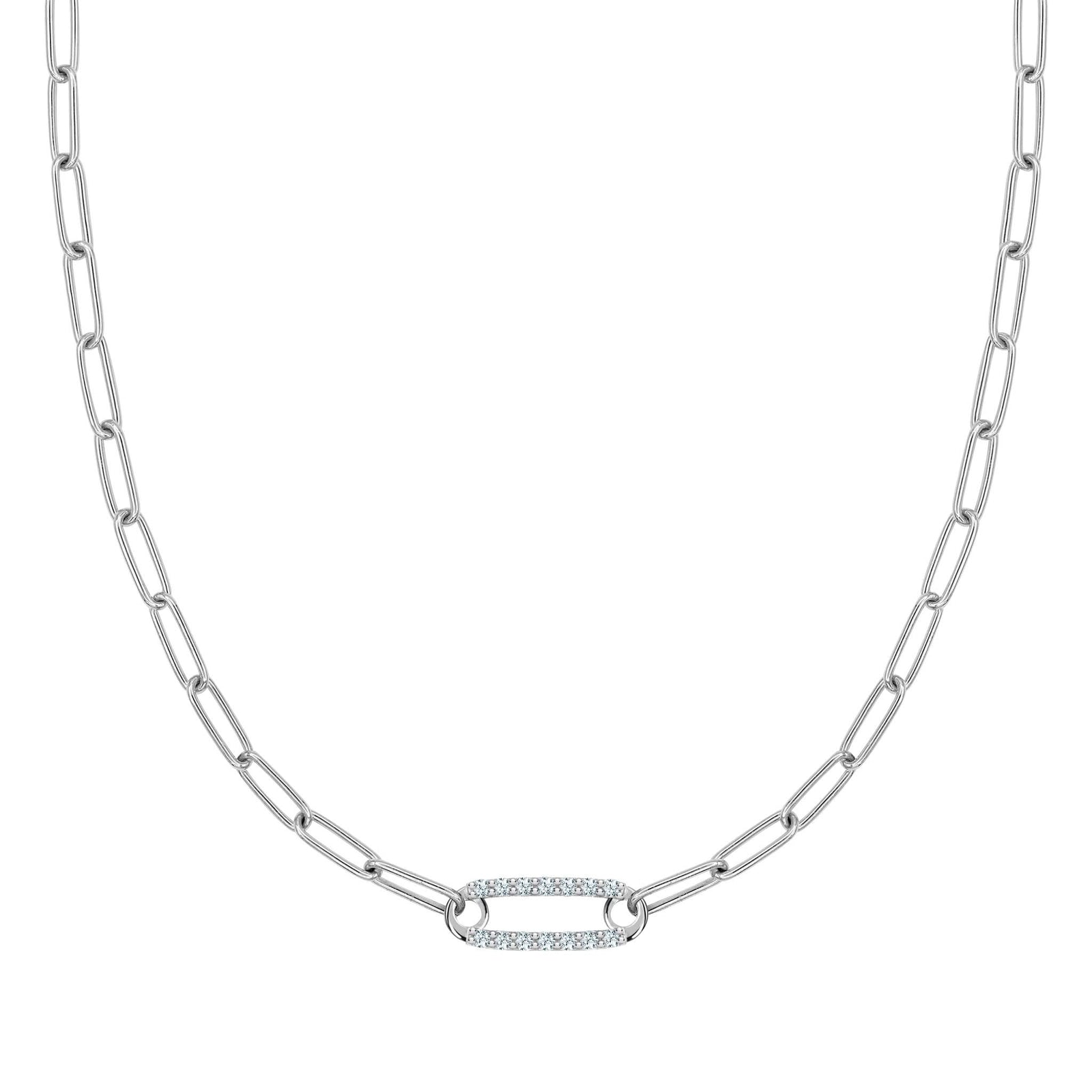 14k white gold Adelaide paperclip chain necklace featuring one link encrusted with 1.5 mm pavé aquamarines