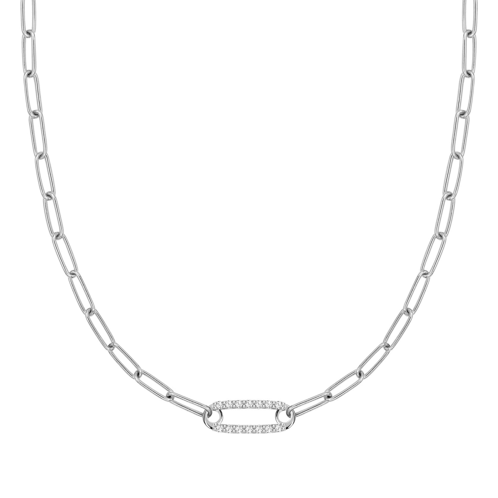 14k white gold Adelaide paperclip chain necklace featuring one link encrusted with 1.5 mm pavé white topaz