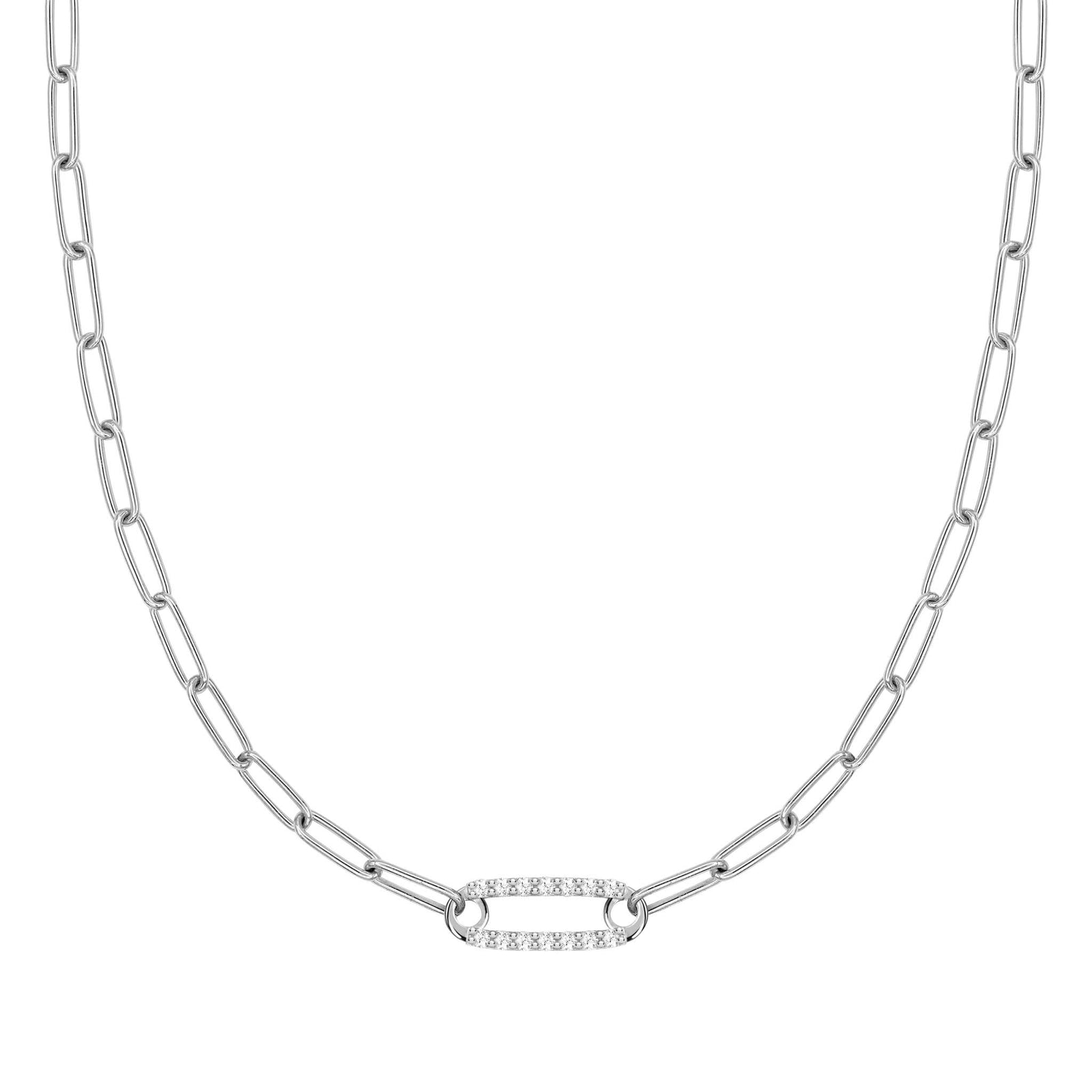 14k white gold Adelaide paperclip chain necklace featuring one link encrusted with 1.5 mm pavé diamonds