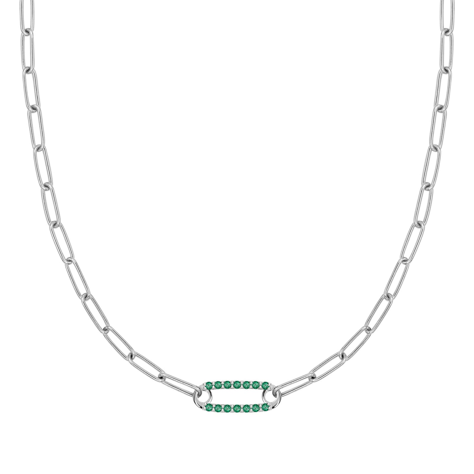 14k white gold Adelaide paperclip chain necklace featuring one link encrusted with 1.5 mm pavé emeralds