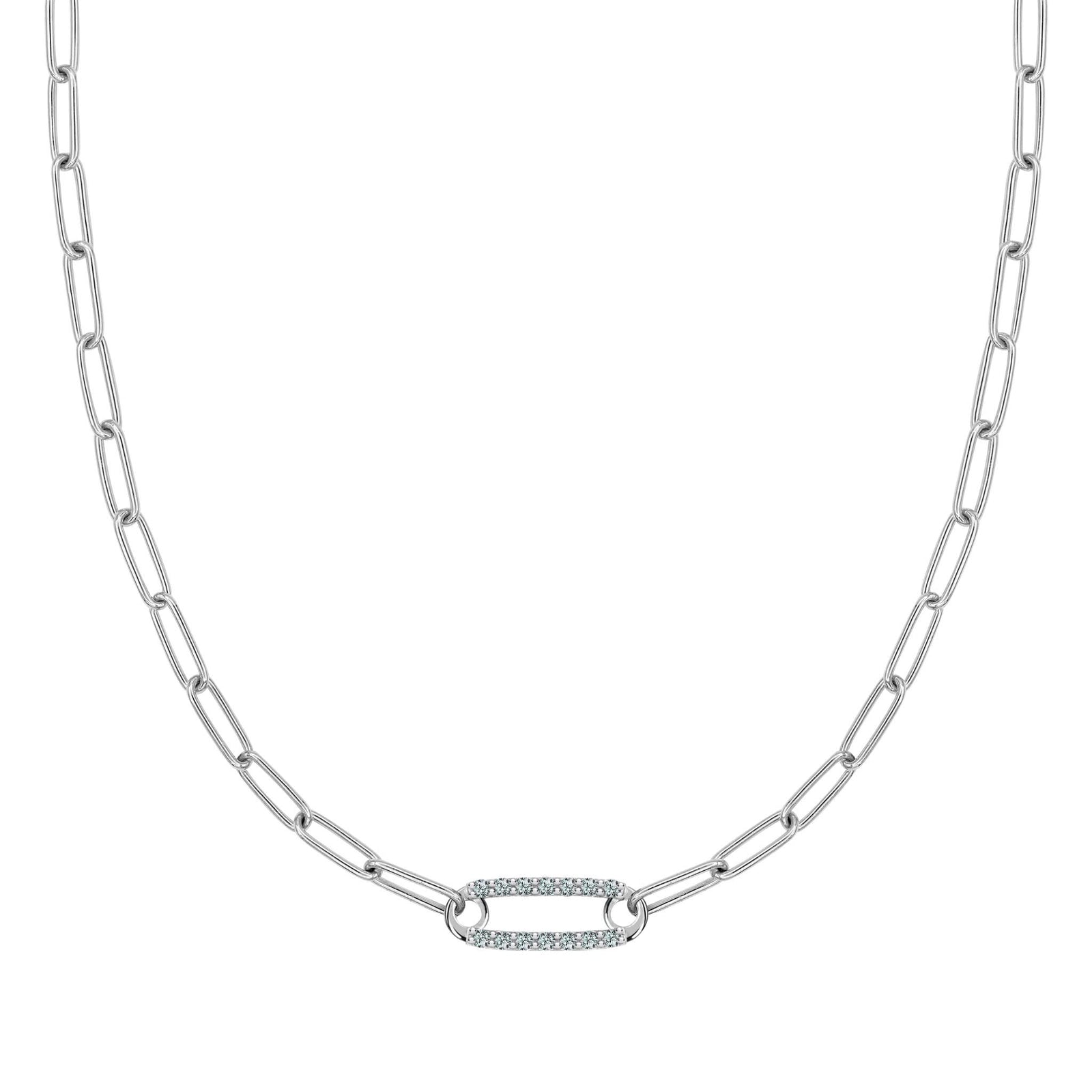 14k white gold Adelaide paperclip chain necklace featuring one link encrusted with 1.5 mm pavé alexandrites