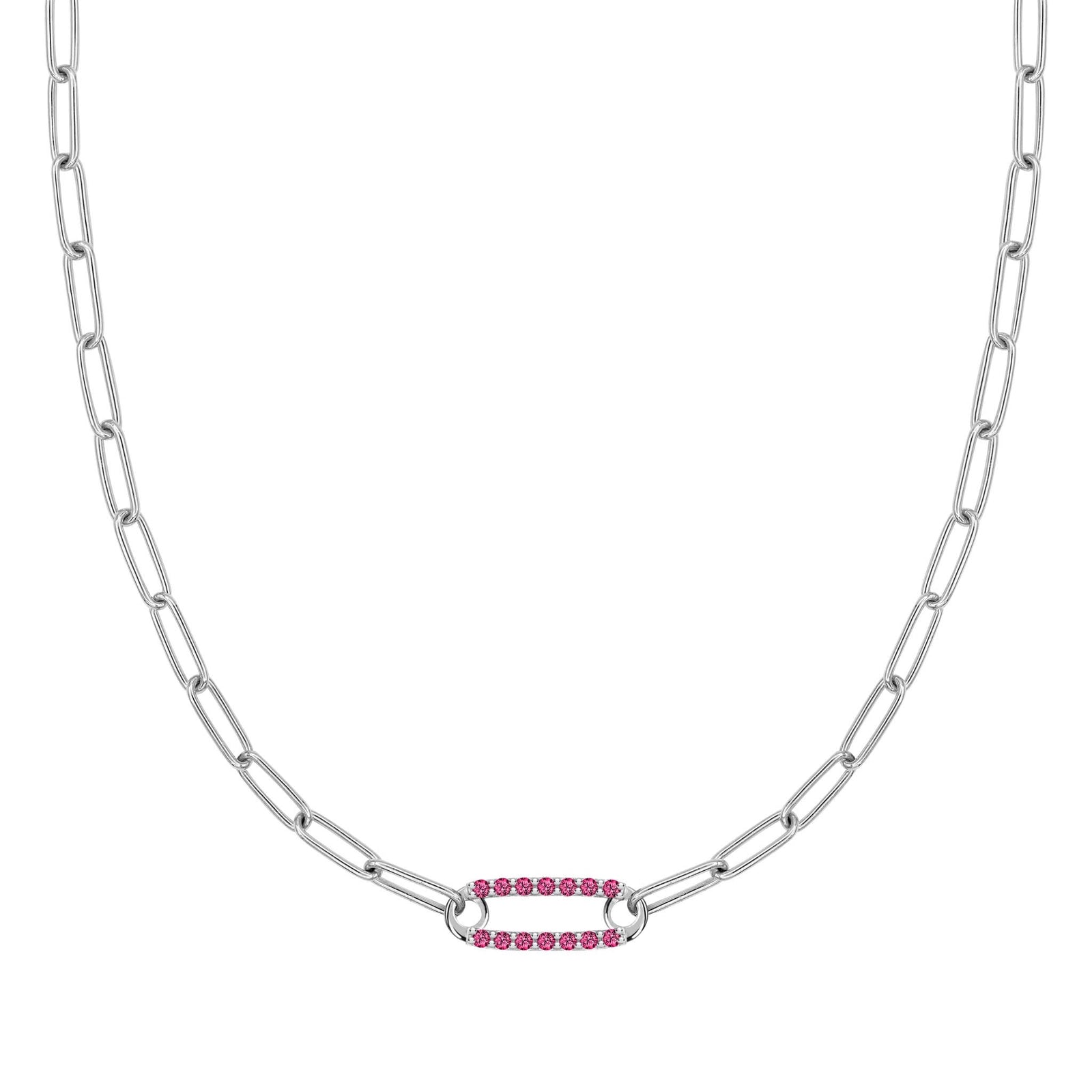 14k white gold Adelaide paperclip chain necklace featuring one link encrusted with 1.5 mm pavé rubies