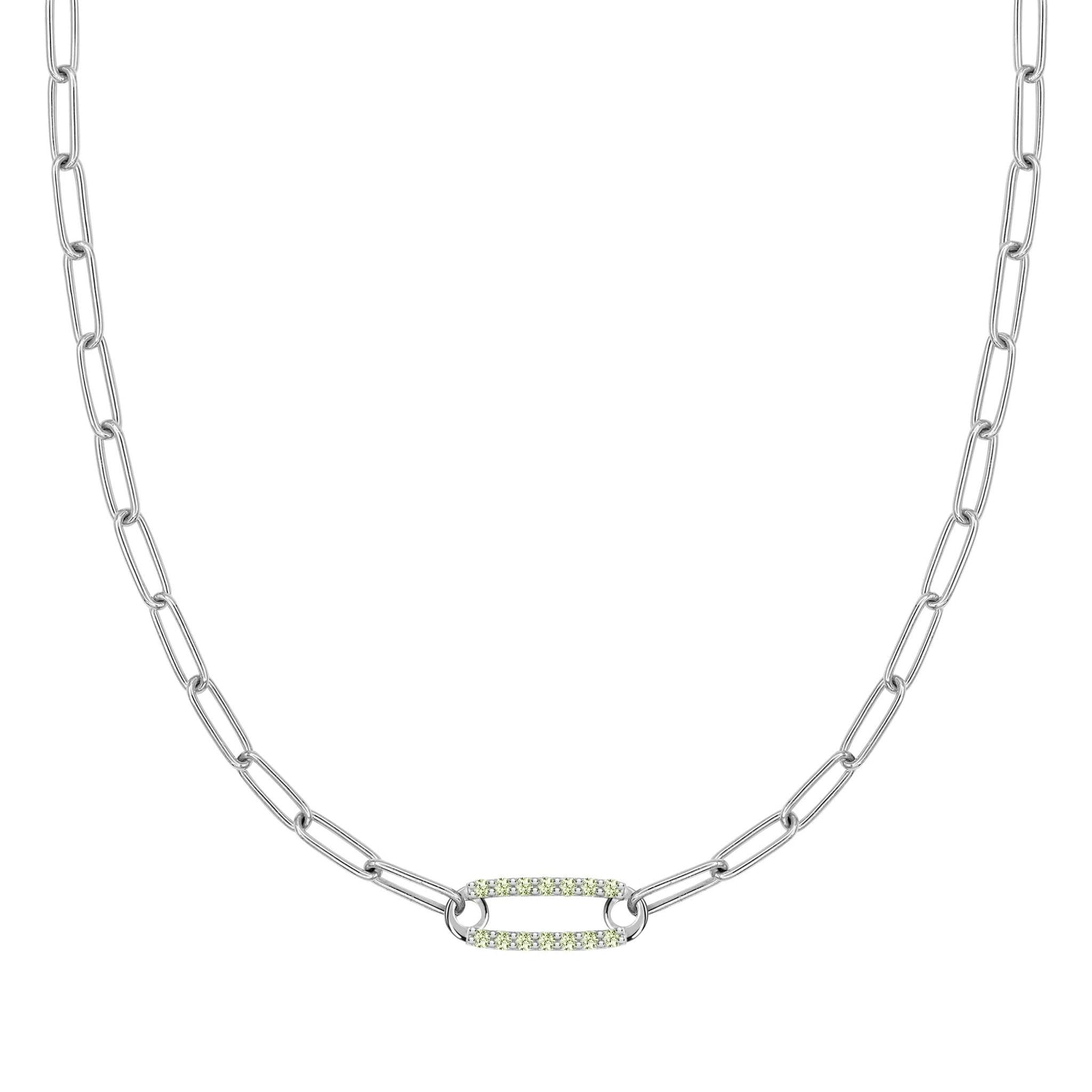 14k white gold Adelaide paperclip chain necklace featuring one link encrusted with 1.5 mm pavé peridots