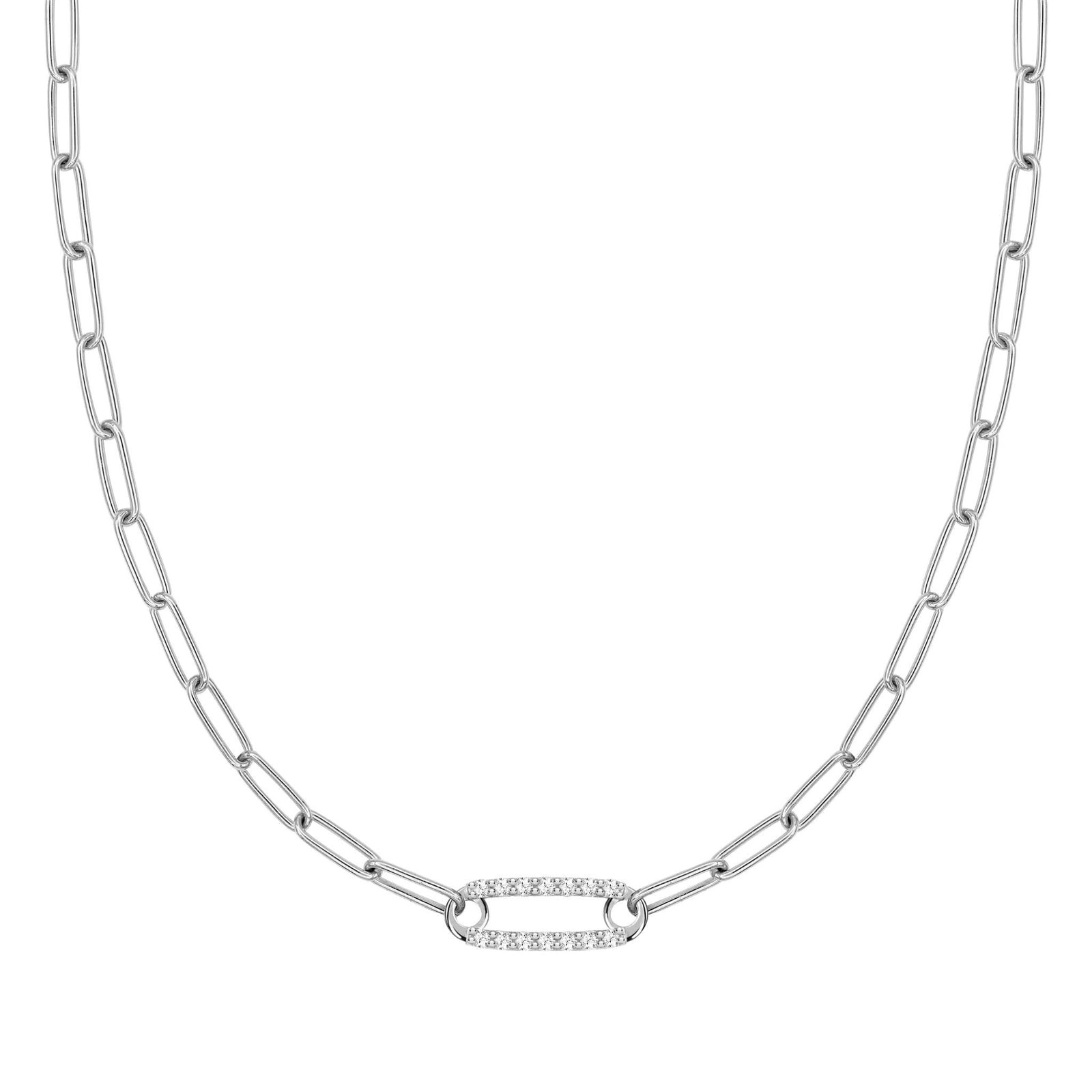 14k white gold Adelaide paperclip chain necklace featuring one link encrusted with 1.5 mm pavé white topaz