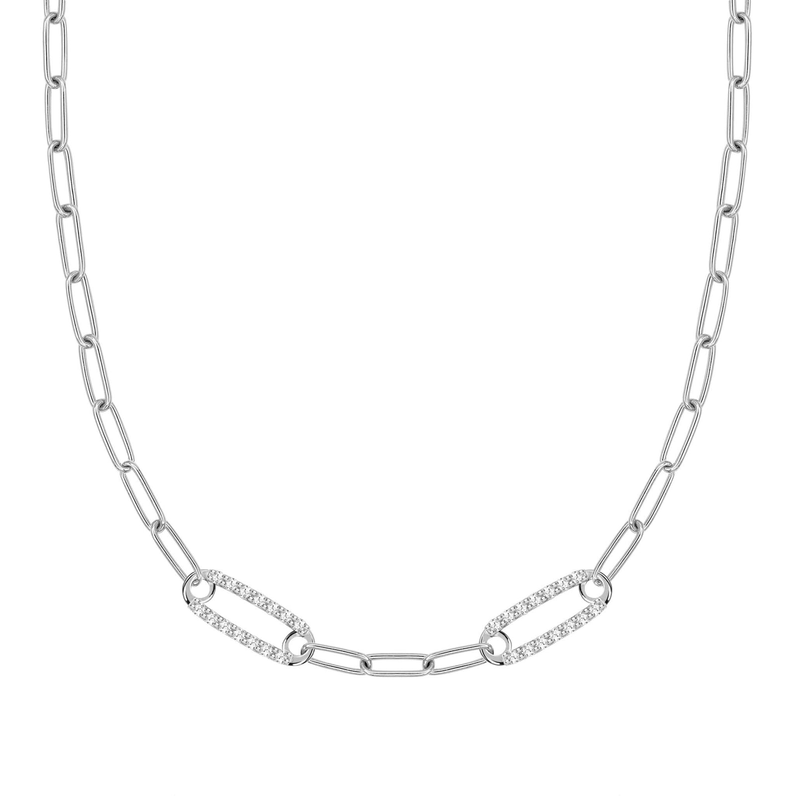 14k white gold Adelaide paperclip chain necklace featuring two links encrusted with 1.5 mm pavé white topaz
