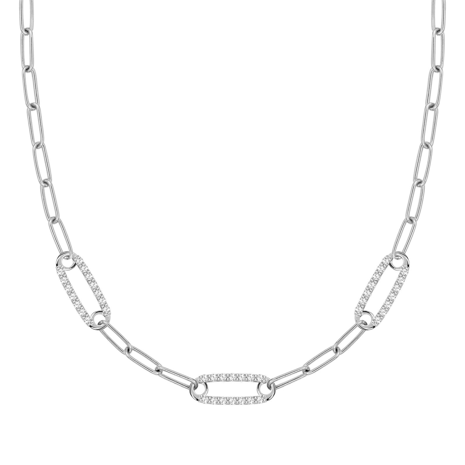 14k white gold Adelaide paperclip chain necklace featuring three links encrusted with 1.5 mm pavé white topaz
