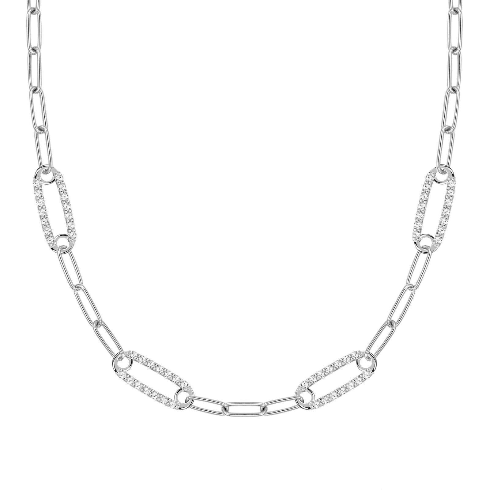 14k white gold Adelaide paperclip chain necklace featuring four links encrusted with 1.5 mm pavé white topaz