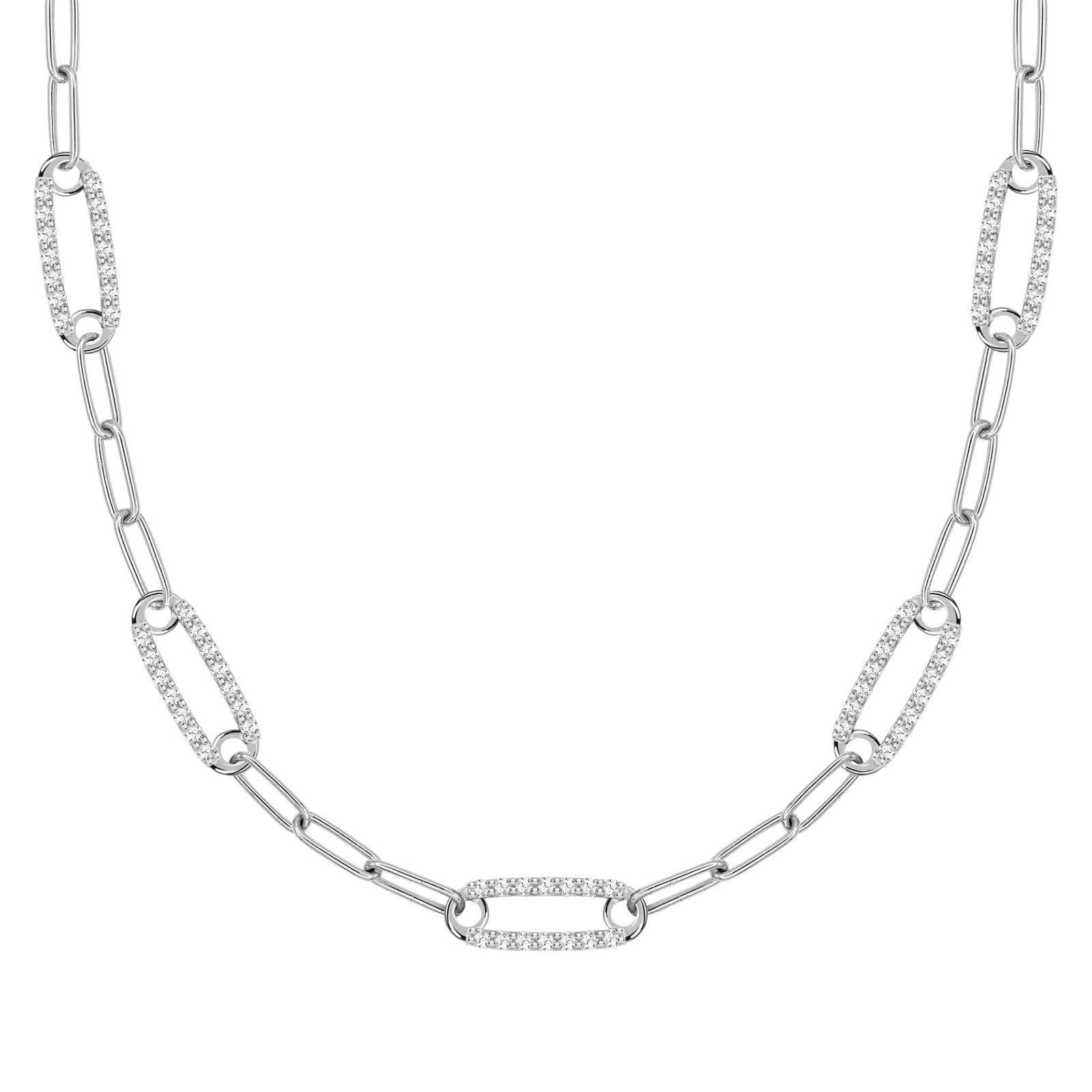 14k white gold Adelaide paperclip chain necklace featuring five links encrusted with 1.5 mm pavé white topaz