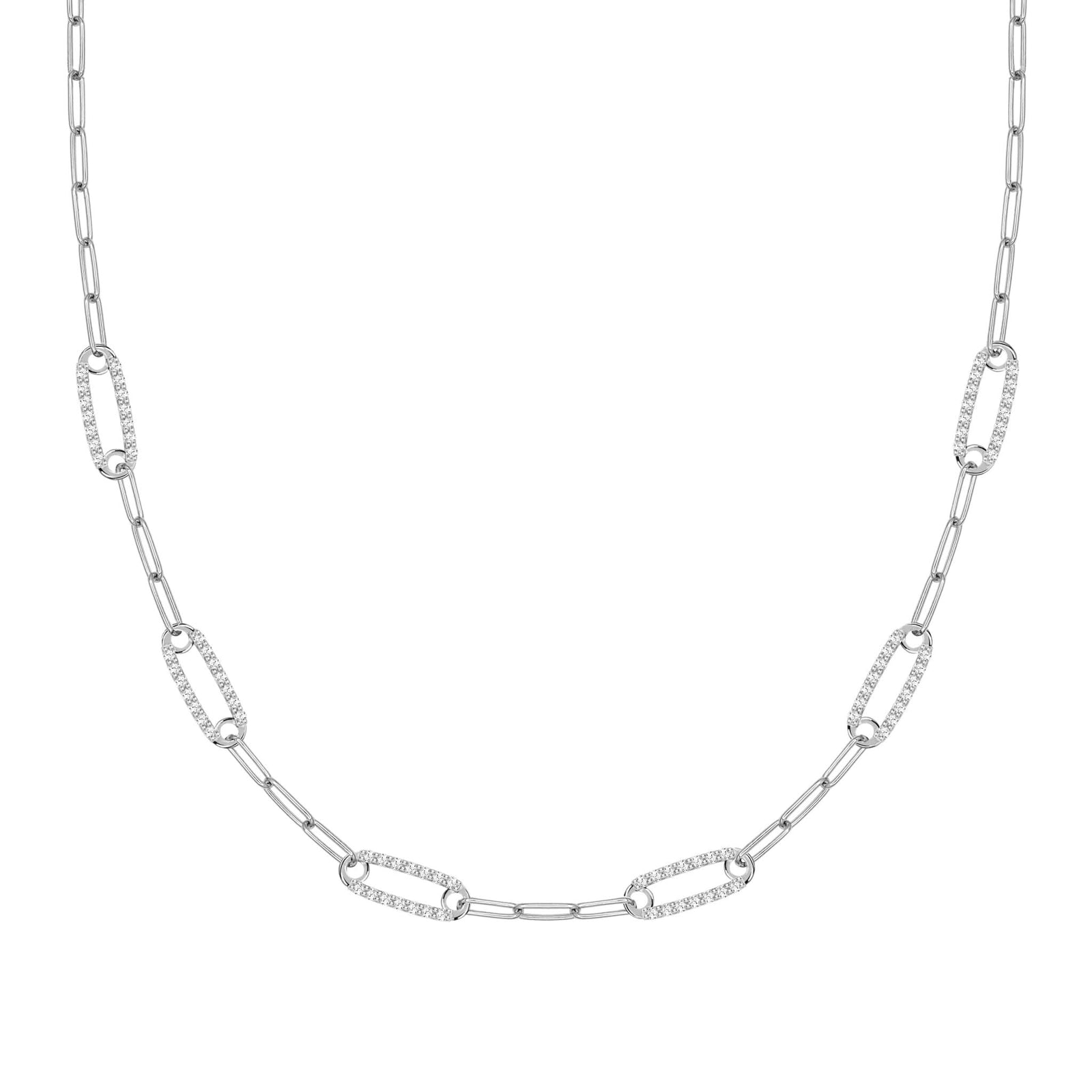 14k white gold Adelaide paperclip chain necklace featuring six links encrusted with 1.5 mm pavé white topaz